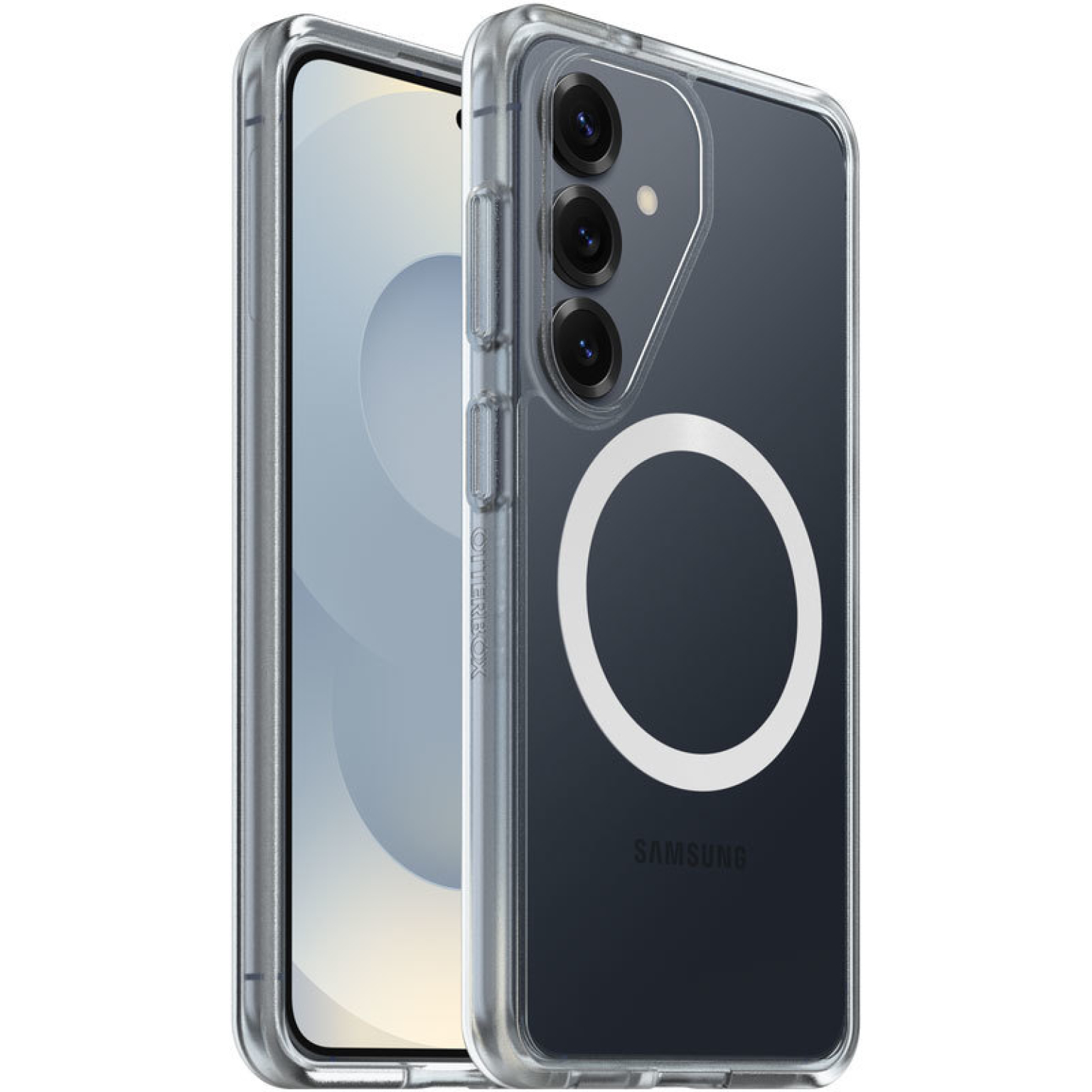 Transparante telefoonhoes met drie camera's en witte cirkel op zwarte Samsung-telefoon.