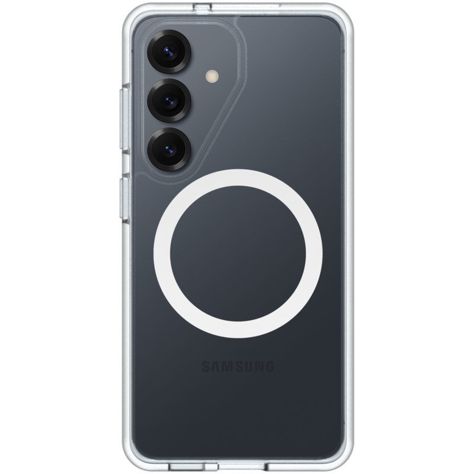 Een doorzichtige telefoonhoes met drie camera's en een witte cirkel.