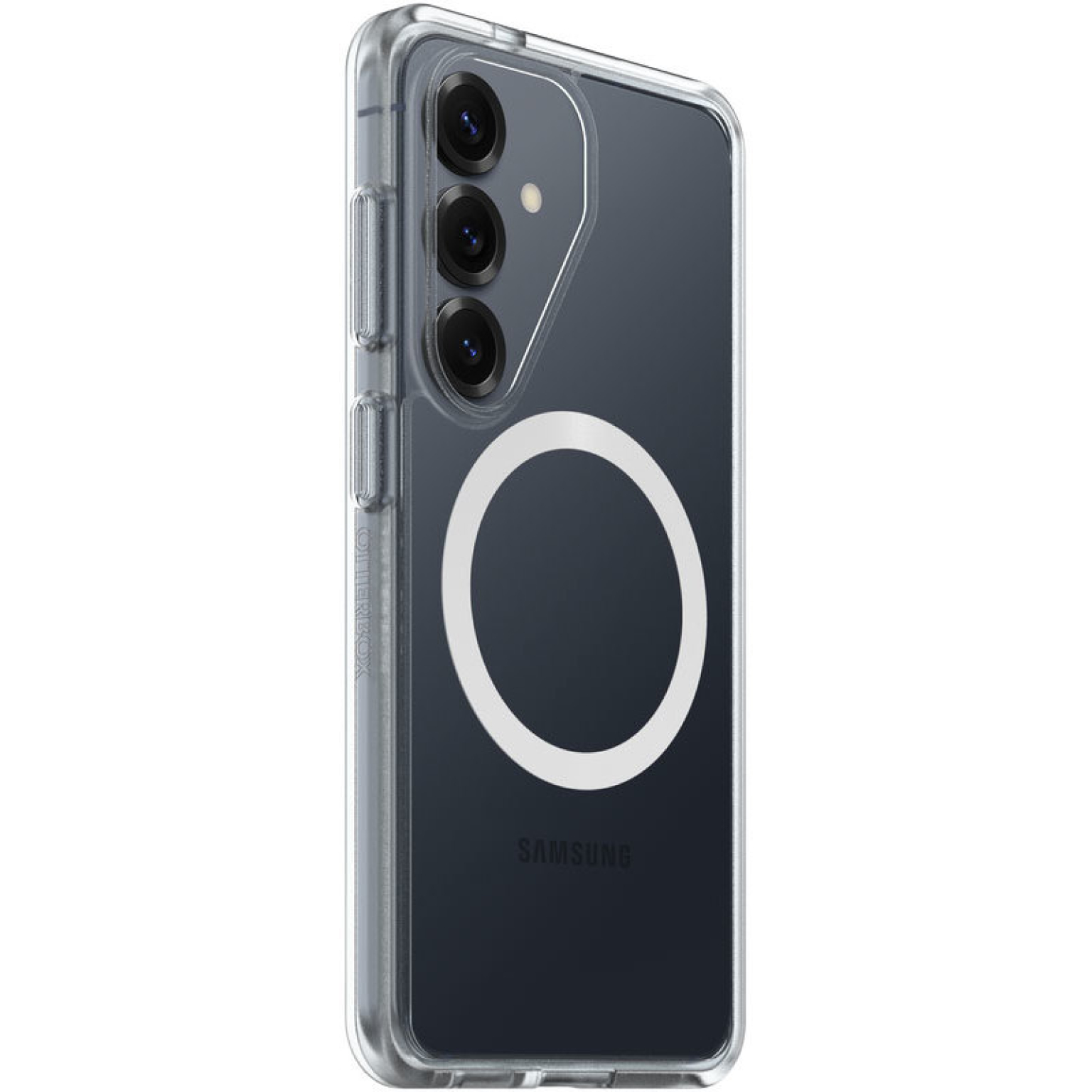 Een doorzichtige telefoonhoes met drie cameralenzen en een witte cirkel.