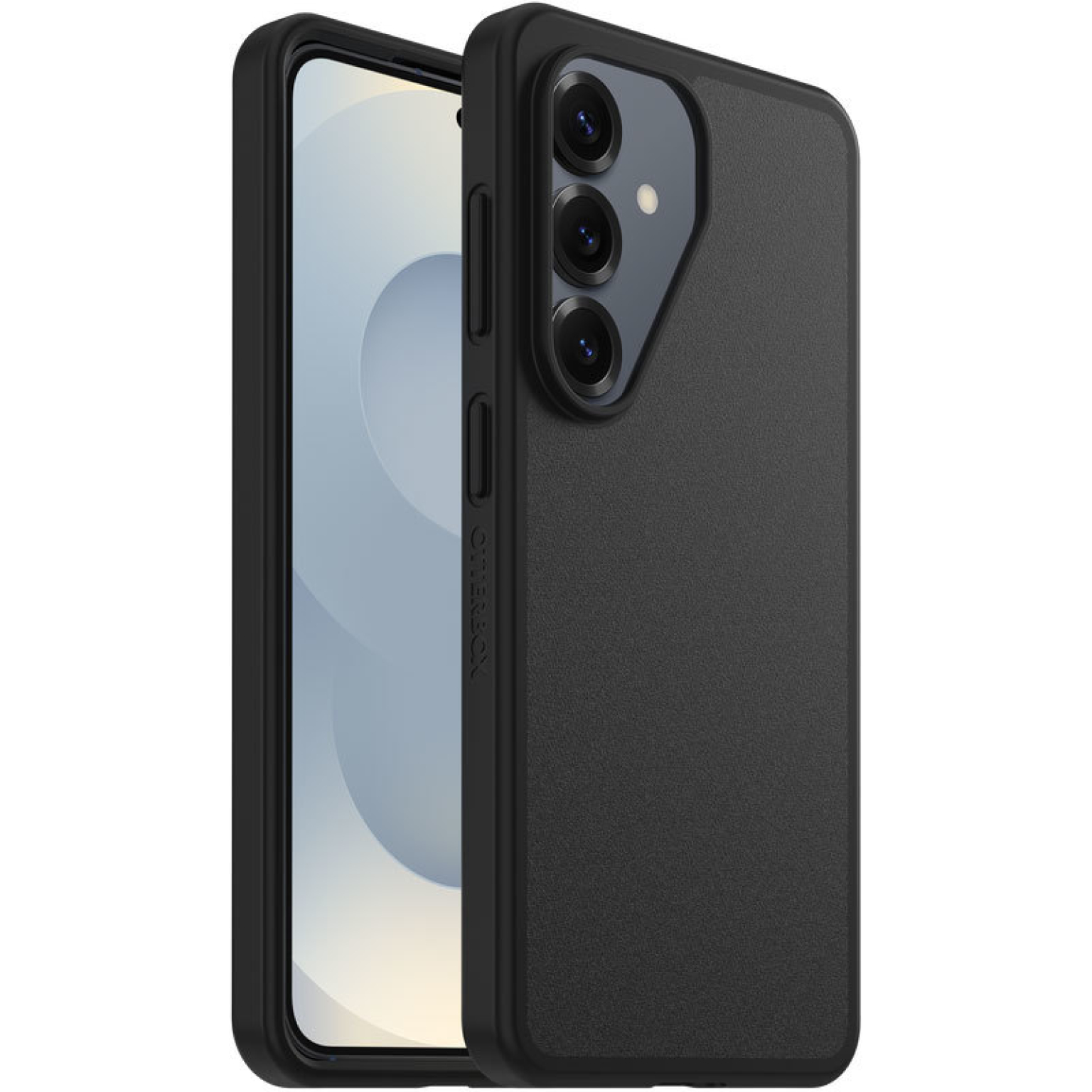Zwarte smartphone in een zwart Otterbox hoesje, met drie camera's op de achterkant.