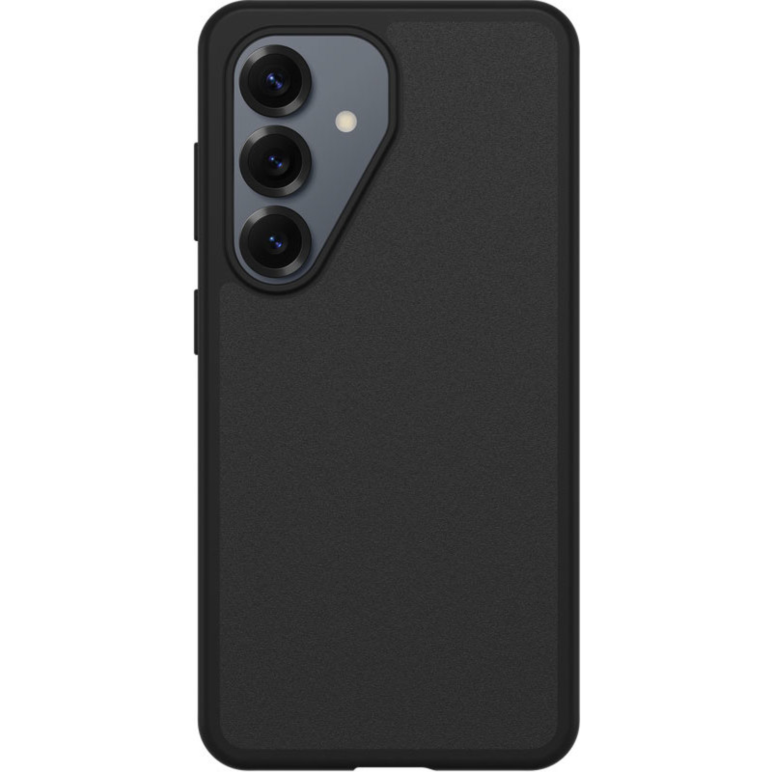 Zwarte telefoonhoes met drievoudige camera en flitser.