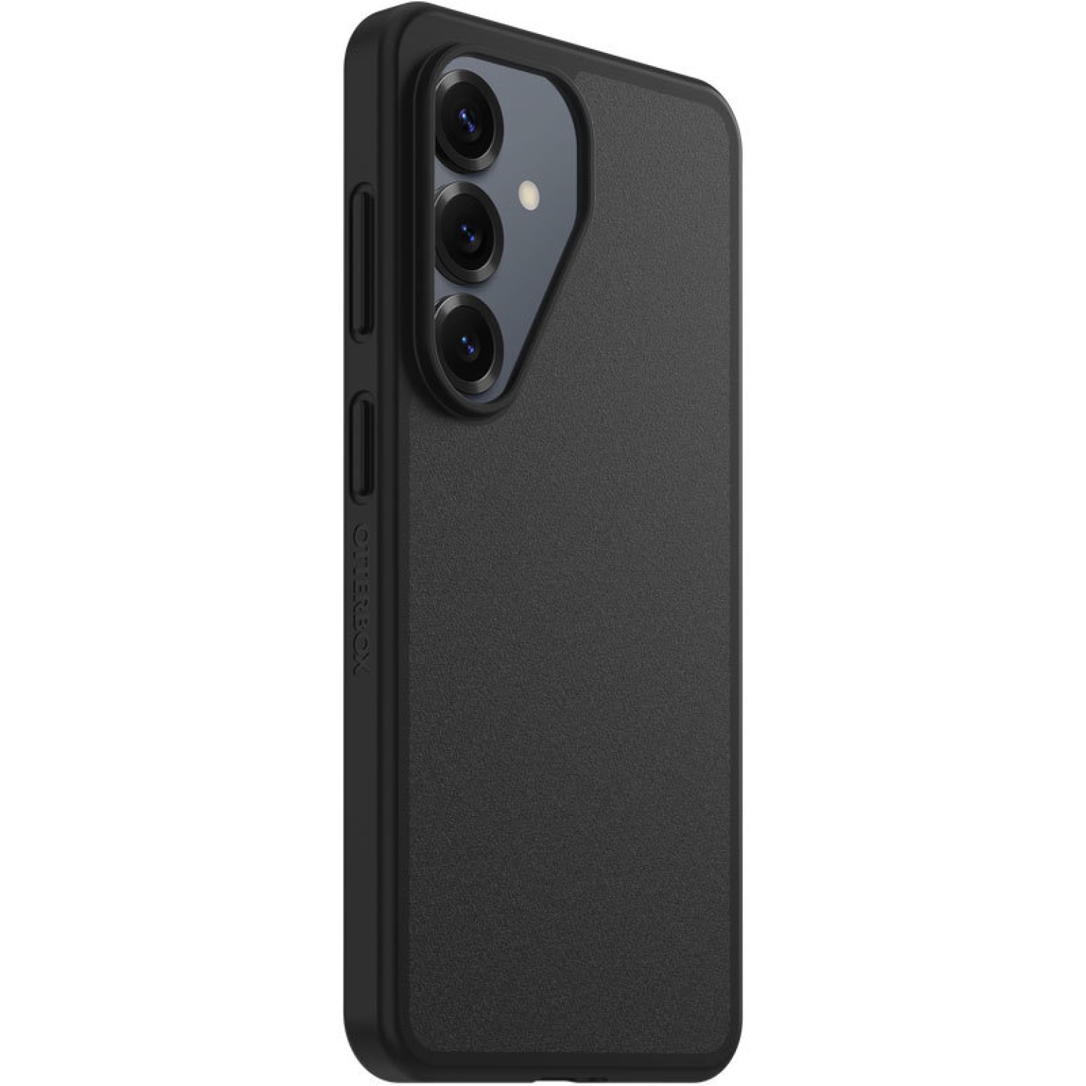 Zwarte telefoonhoes met drie cameralenzen en zijtoetsen.
