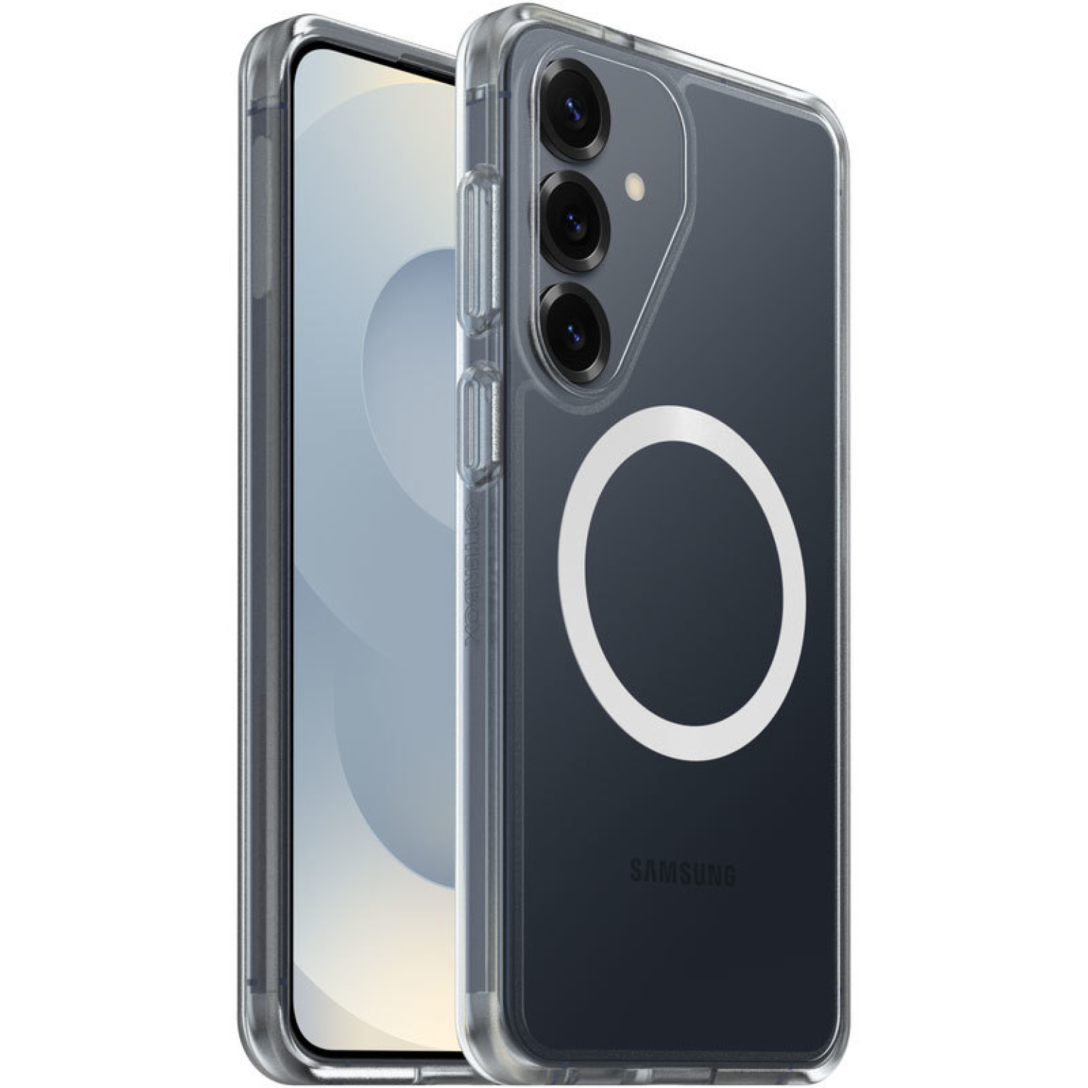 Transparante telefoonhoes met witte cirkel en Samsung logo op smartphone.