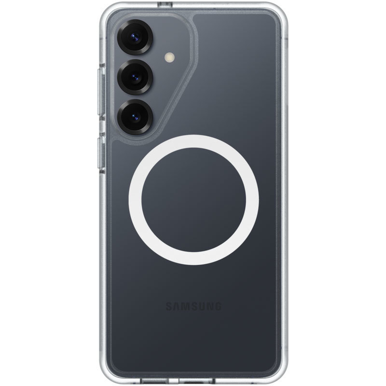 Doorzichtige telefoonhoes met drie camera's en een witte cirkel.