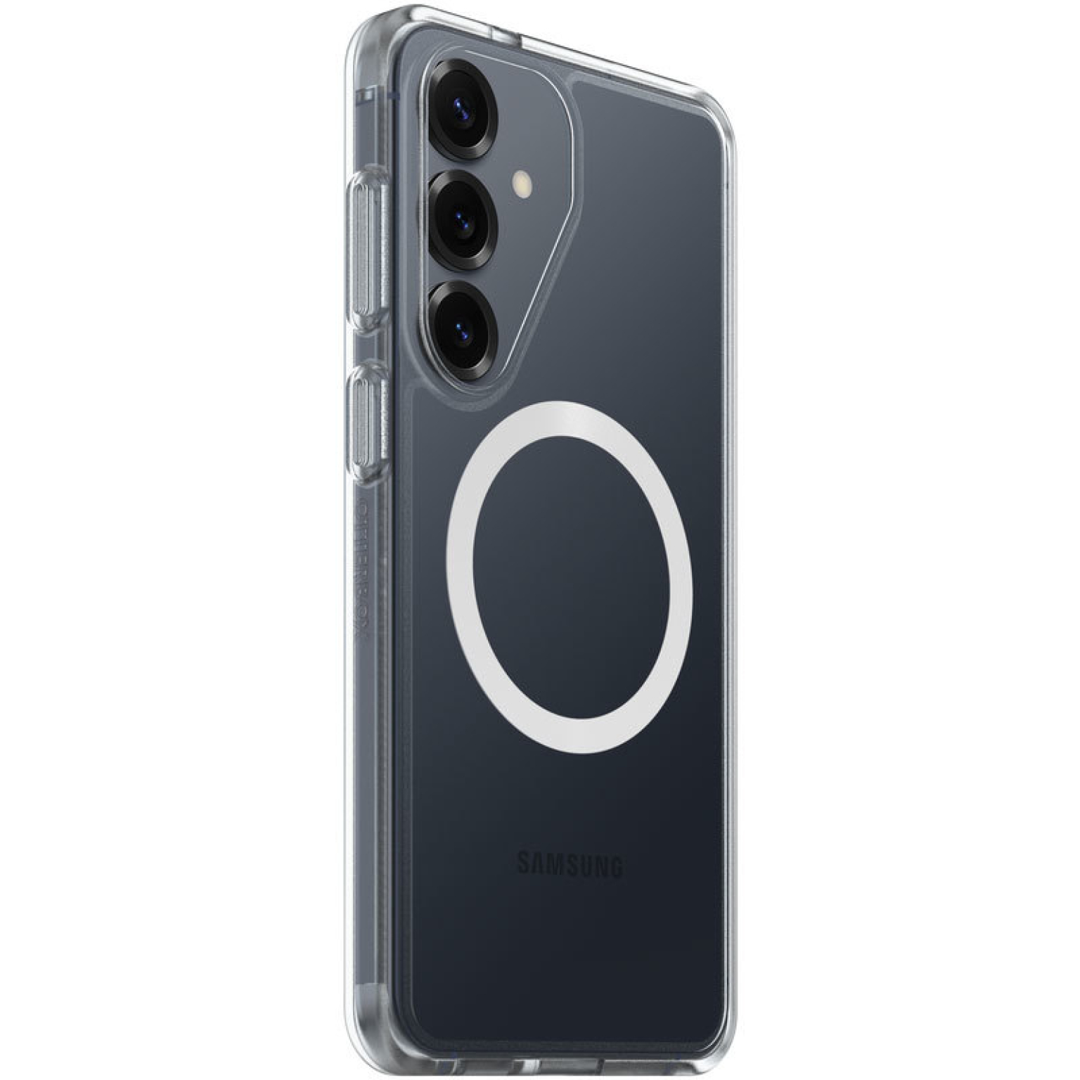 Een doorzichtige telefoonhoes met een witte magnetische ring aan de achterkant.