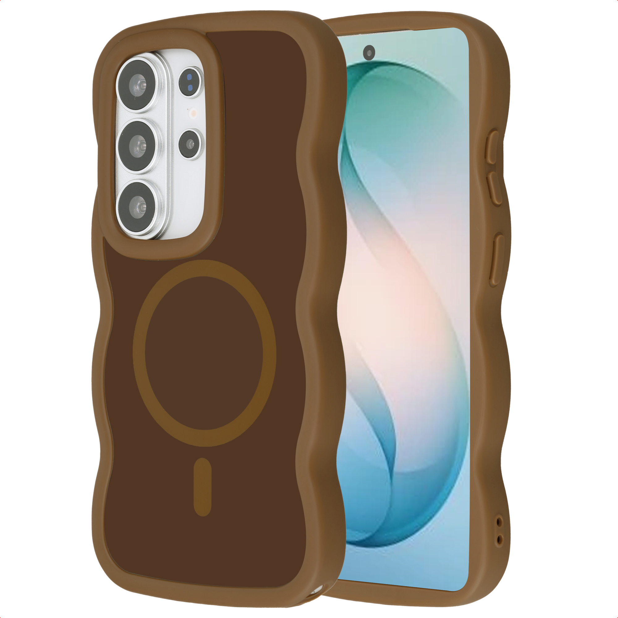 Un étui de téléphone marron ondulé est sur un smartphone.