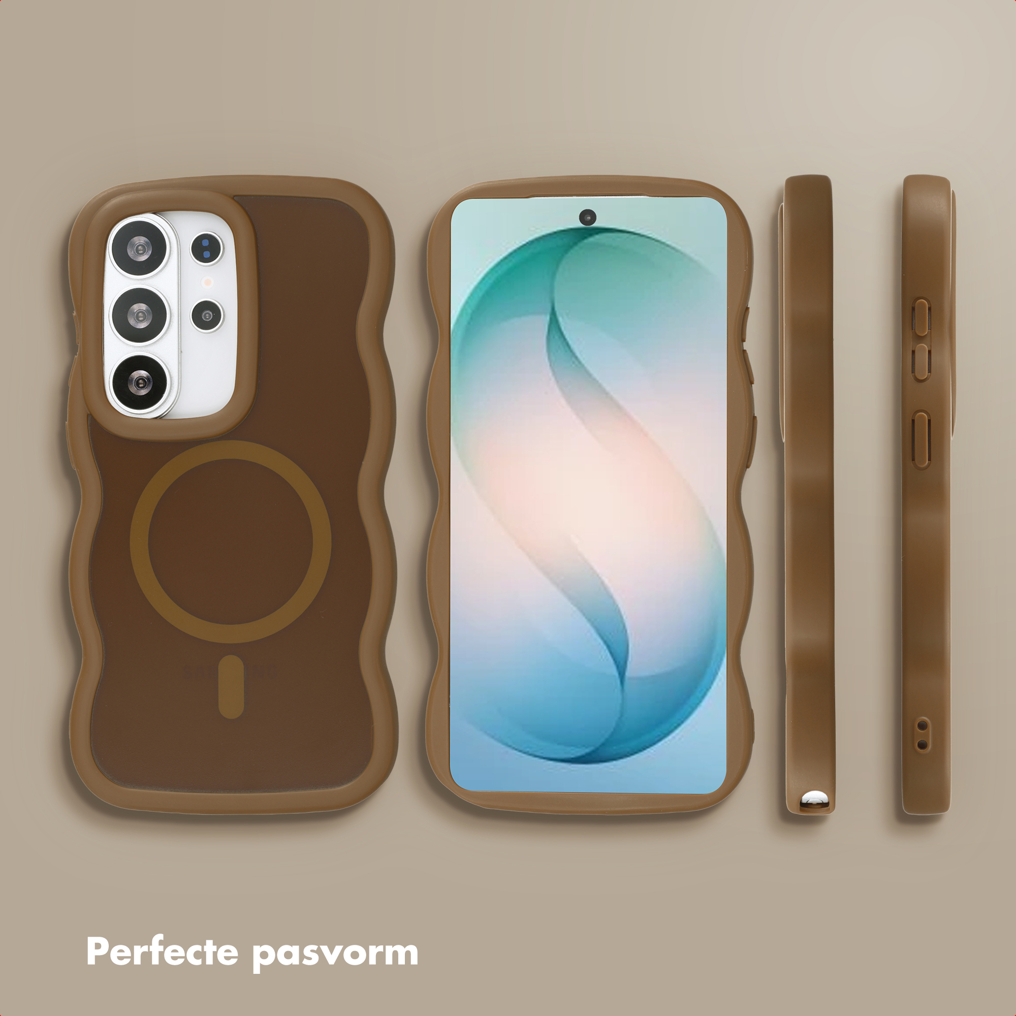 Coque de téléphone marron avec module caméra et anneau magnétique. Téléphone fond bleu.