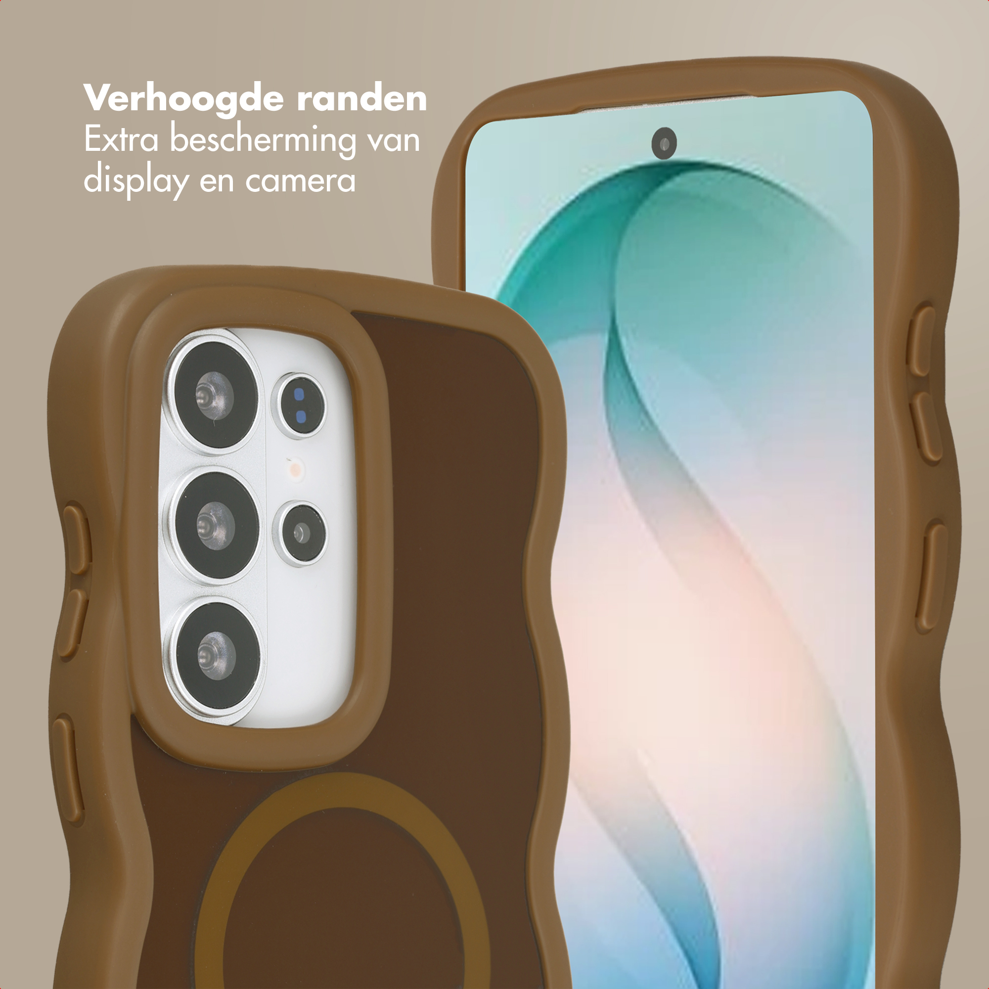 Coque de téléphone marron aux bords surélevés montre caméras et écran.