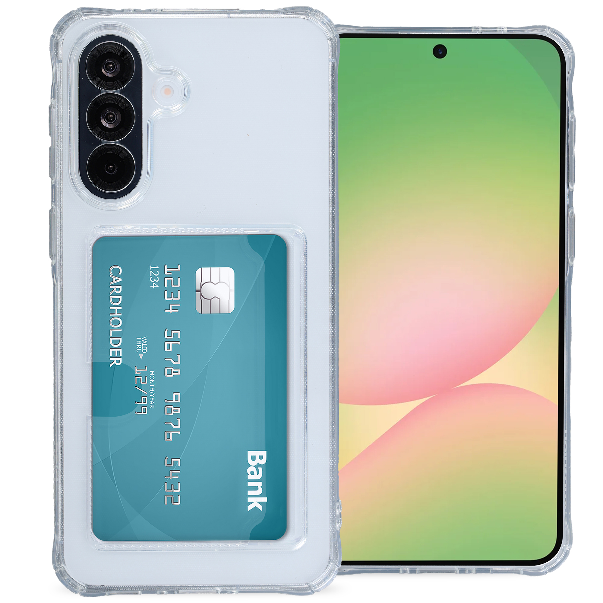 Transparente Handyhülle mit Kartenfach und Bankkarte auf einem Handy mit Farbverlauf.