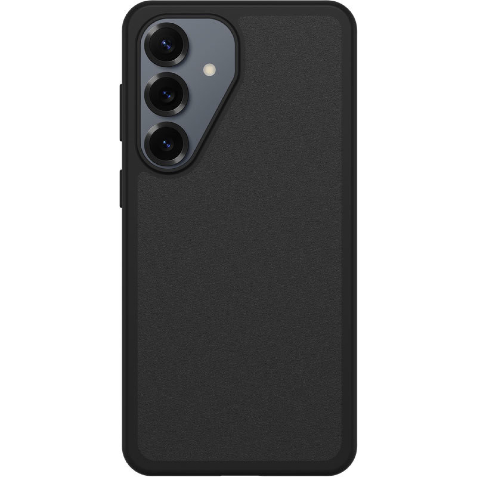 Zwarte smartphone met drievoudige camera aan de achterkant, op witte achtergrond.