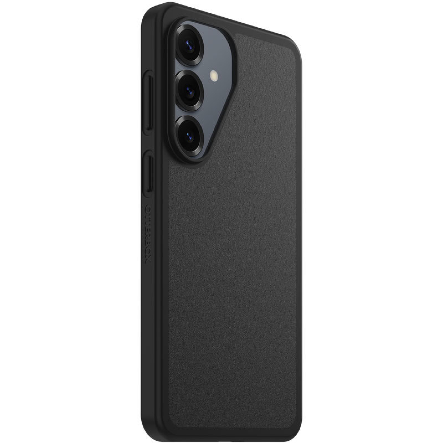 Zwarte telefoonhoes met drievoudige camera-uitsparing aan de achterkant.