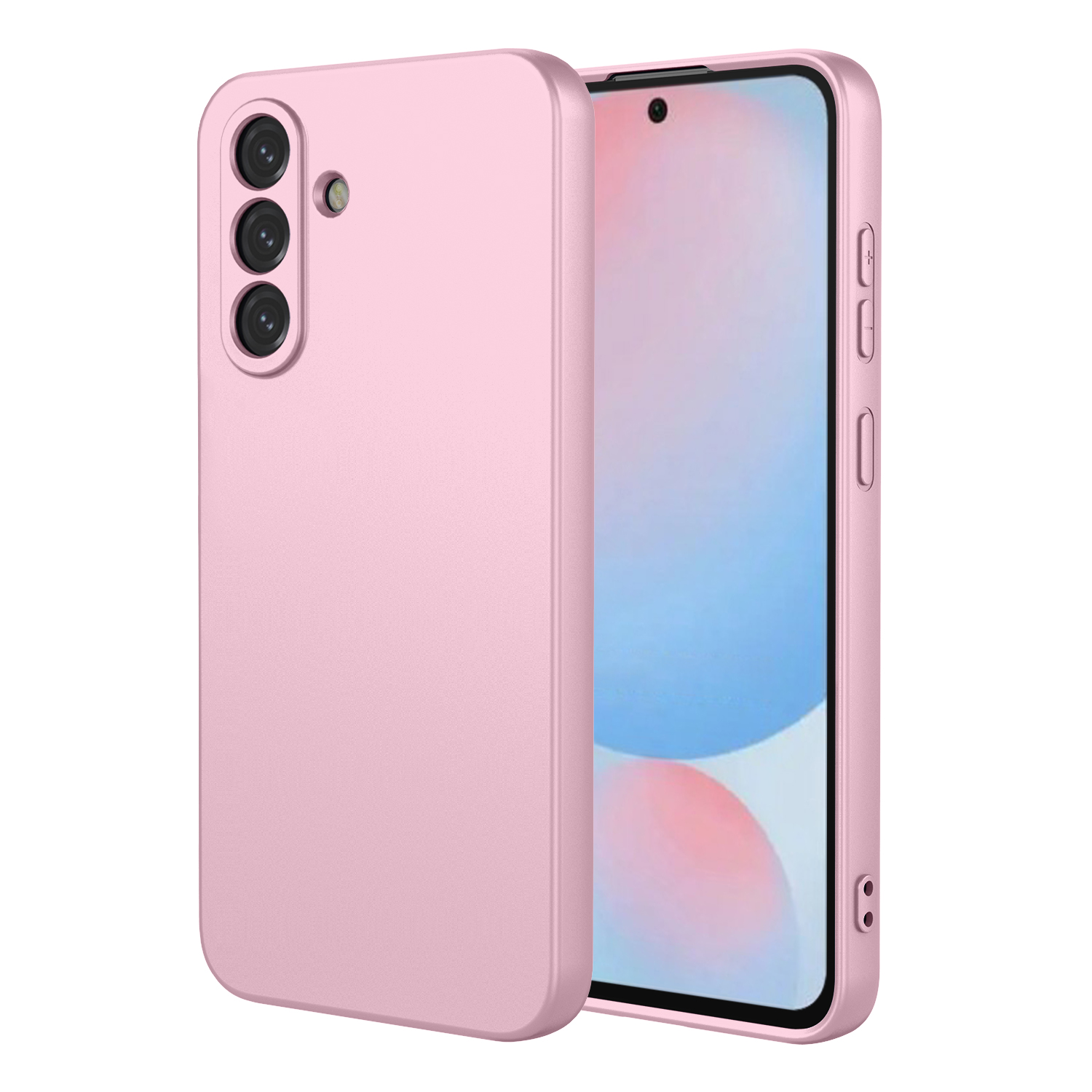 Een roze telefoonhoesje met drie camera's en een schermweergave.