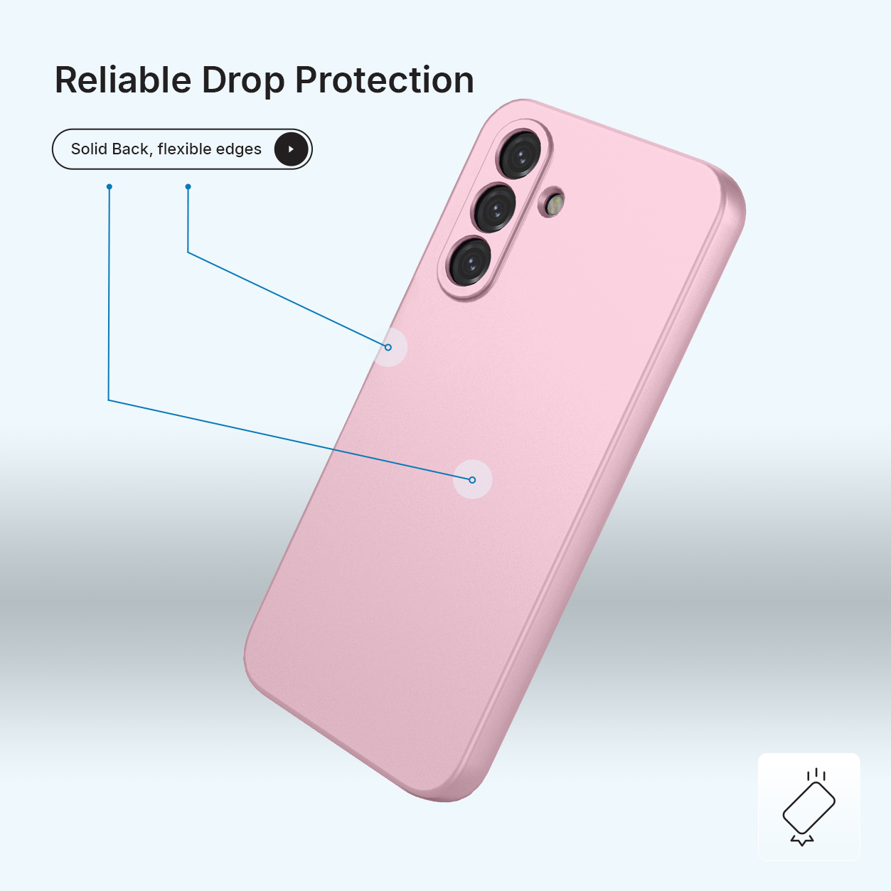 Een roze telefoonhoesje met een stevige achterkant en flexibele randen wordt schuin getoond, wat de valbescherming benadrukt.
