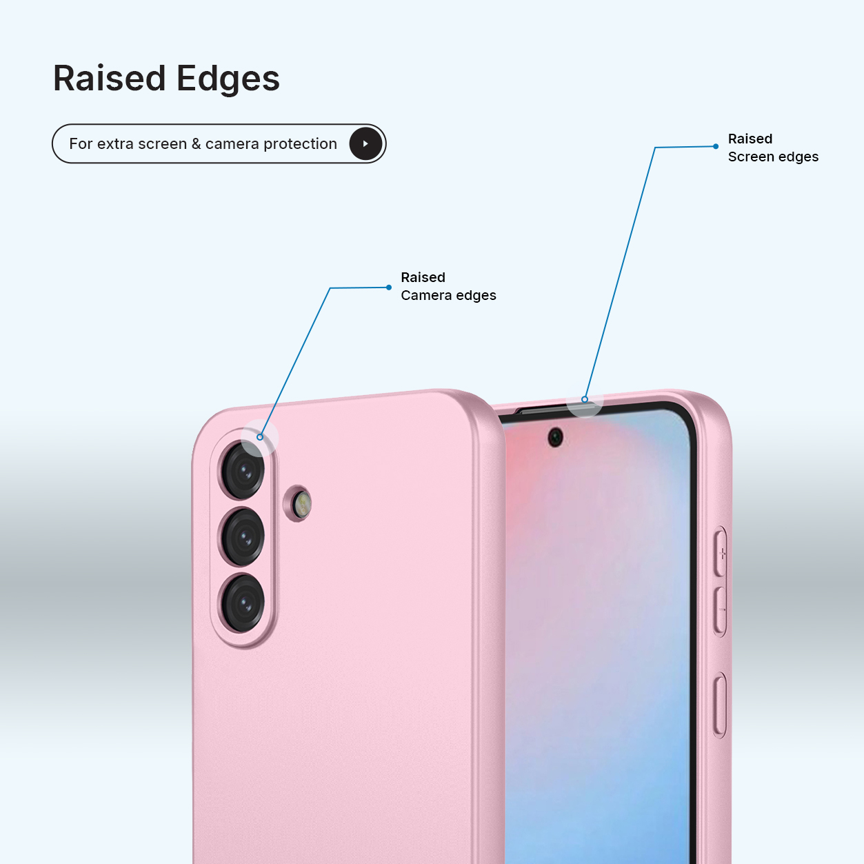 Een roze telefoonhoesje met verhoogde randen ter bescherming van camera en scherm.