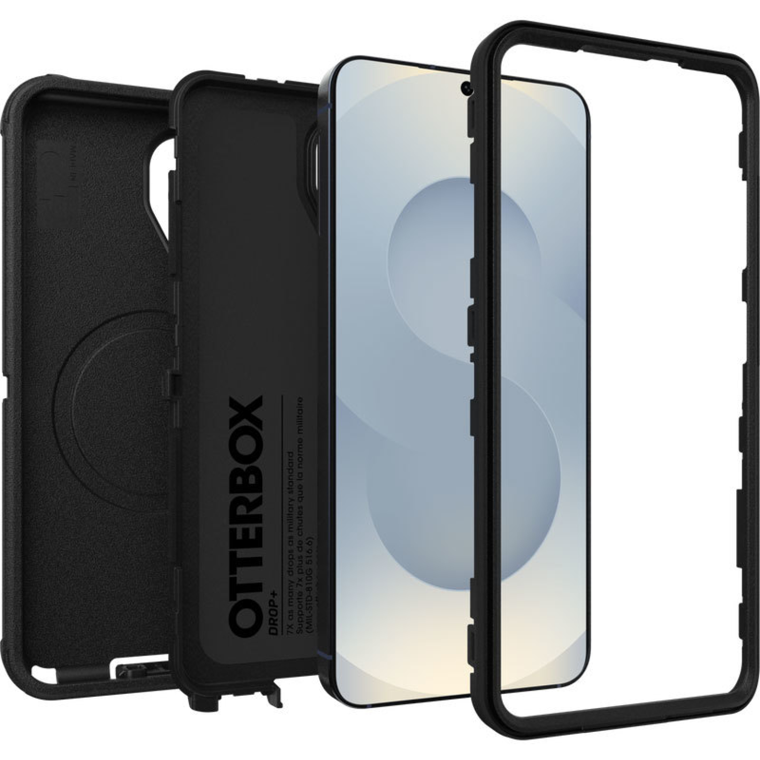 Zwarte Otterbox telefoonhoes gedemonteerd in drie delen: achterkant, frame en scherm.