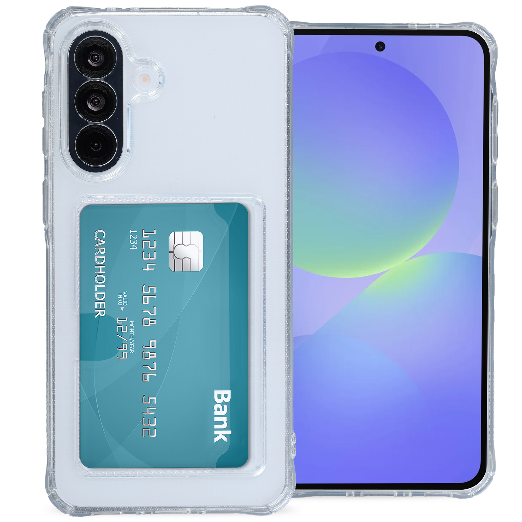 Coque de téléphone transparente avec porte-cartes montre carte bancaire et écran.