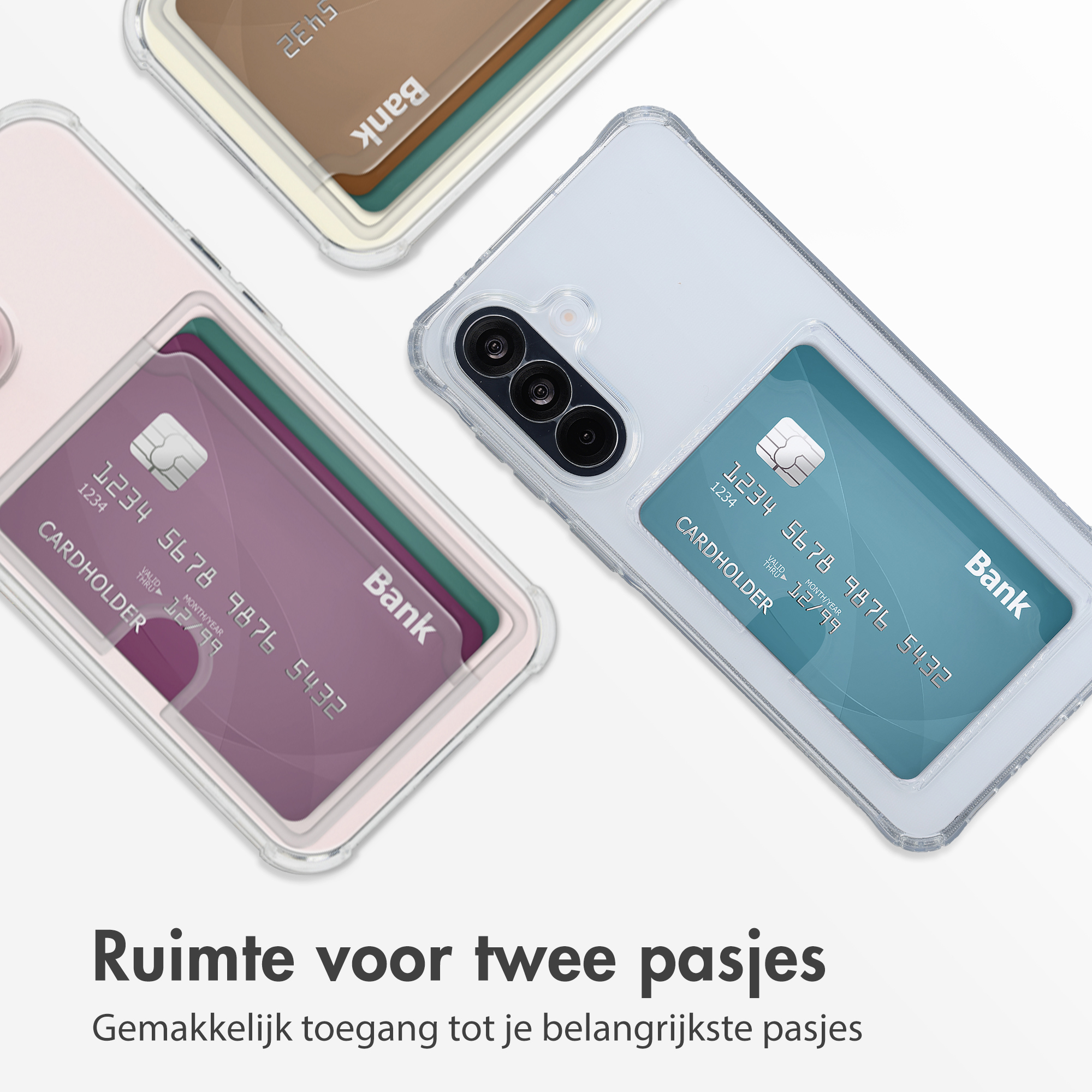 Deux étuis de téléphone transparents avec fentes pour cartes, l'un avec une carte violette et l'autre bleue.