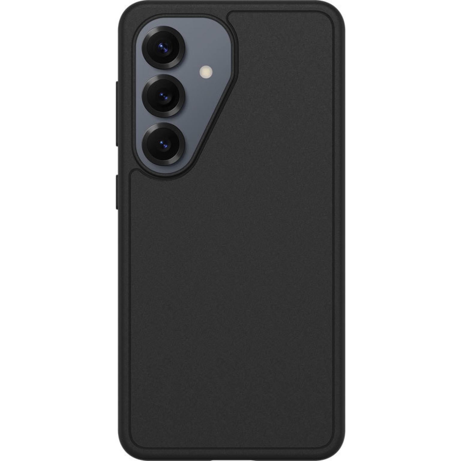 Achterkant van een zwarte smartphone met drie cameralenzen en flitser.