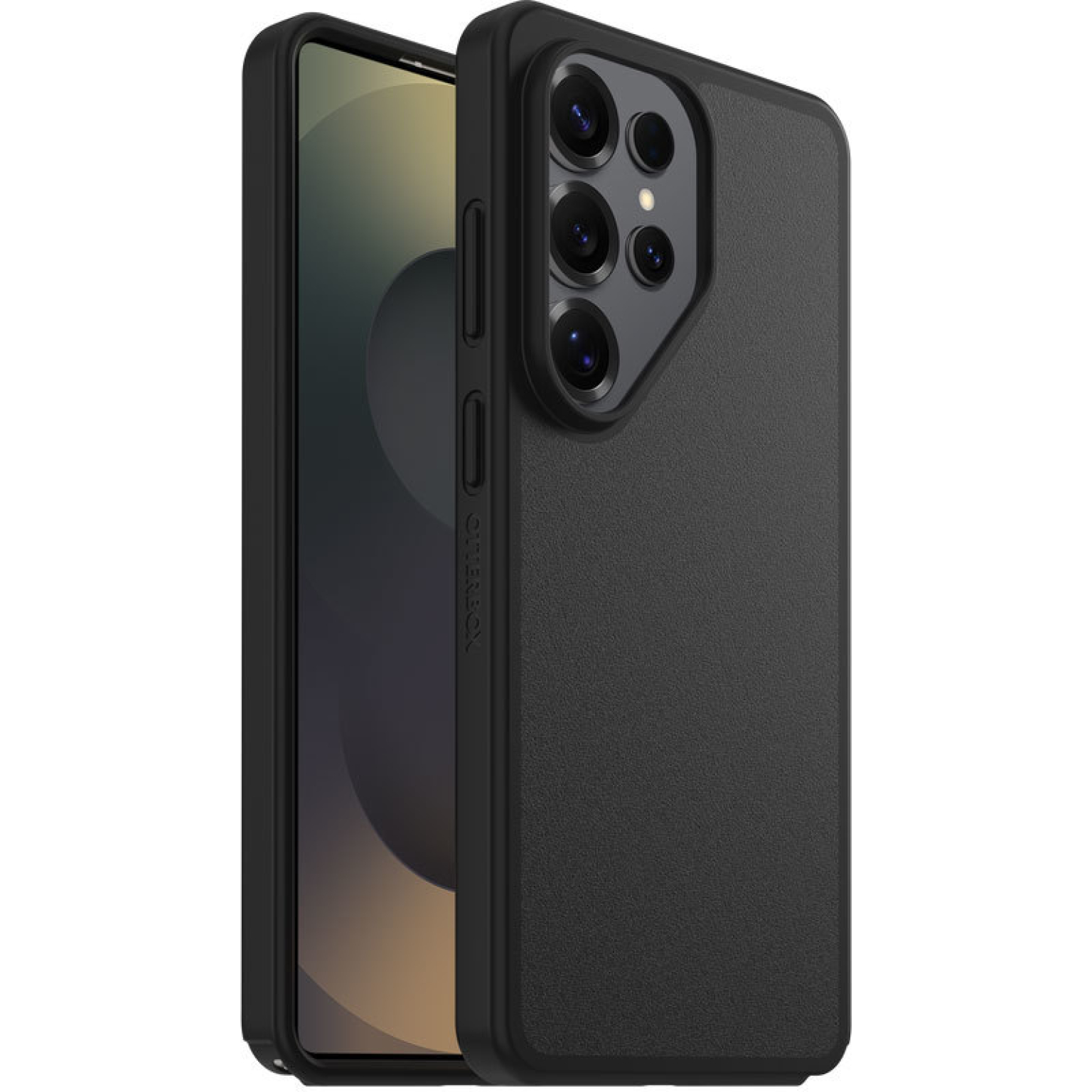 Smartphone noir avec module caméra et coque de protection sur fond blanc.