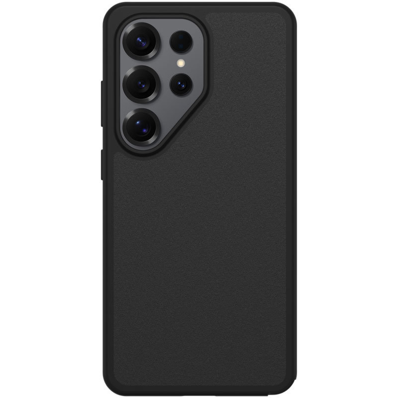 Smartphone noir avec un module caméra à cinq objectifs au dos.