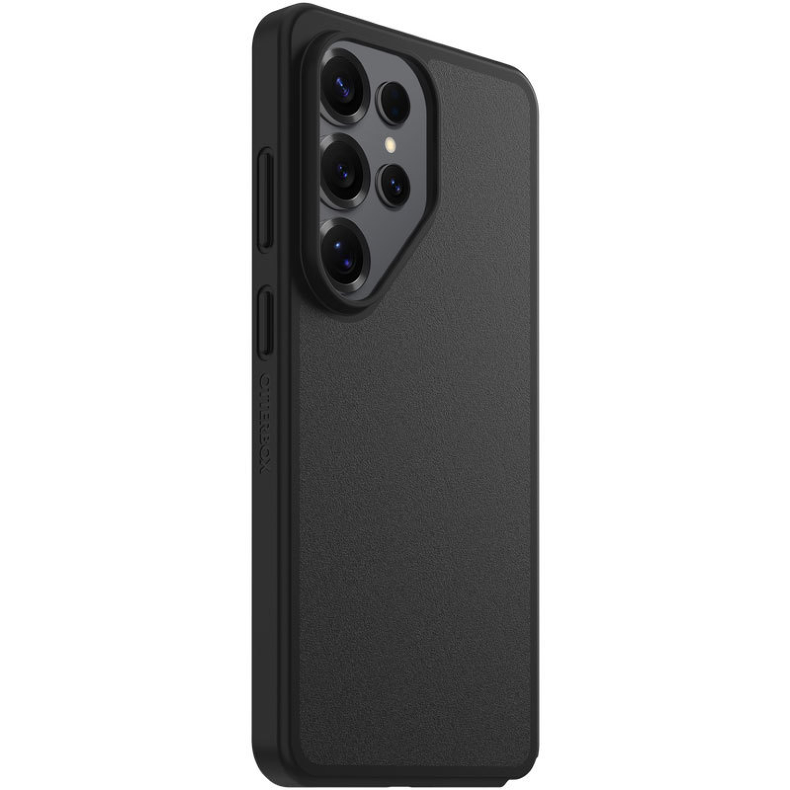 Smartphone noir avec quatre caméras, sur fond blanc.
