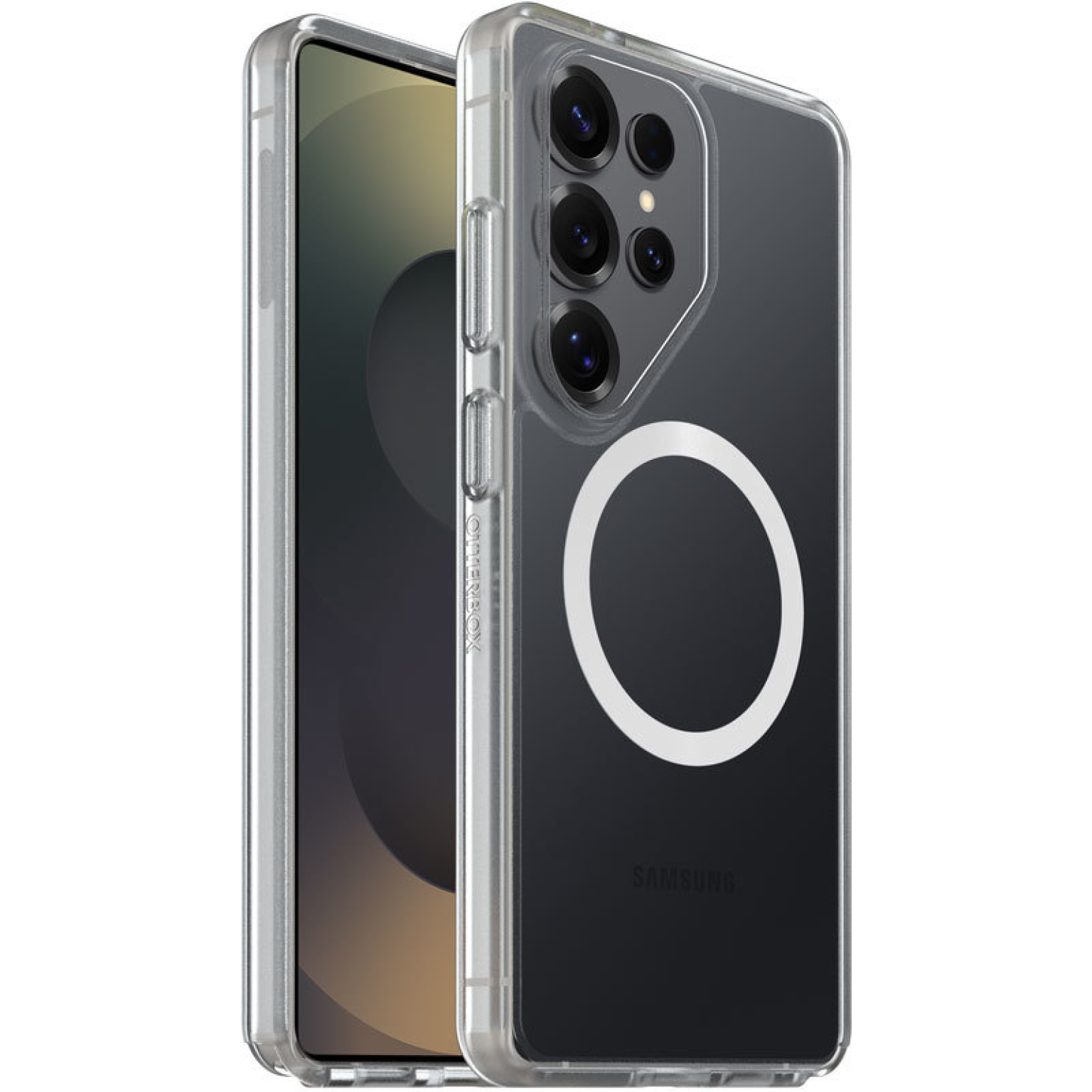 Een doorzichtige telefoonhoes met camera's en magneetring op een zwarte telefoon.