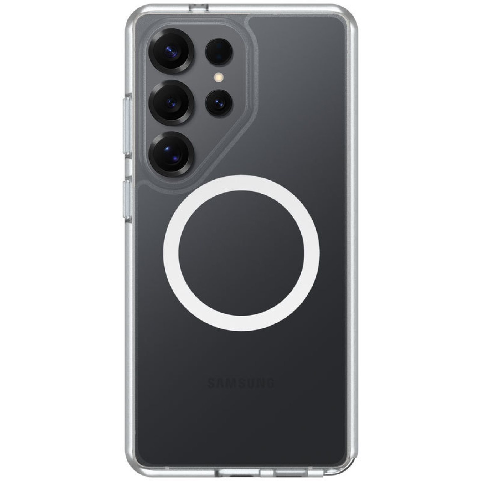 Een doorzichtige telefoonhoes met een witte ring op een donkere telefoonachterkant. Meerdere cameralenzen zichtbaar.