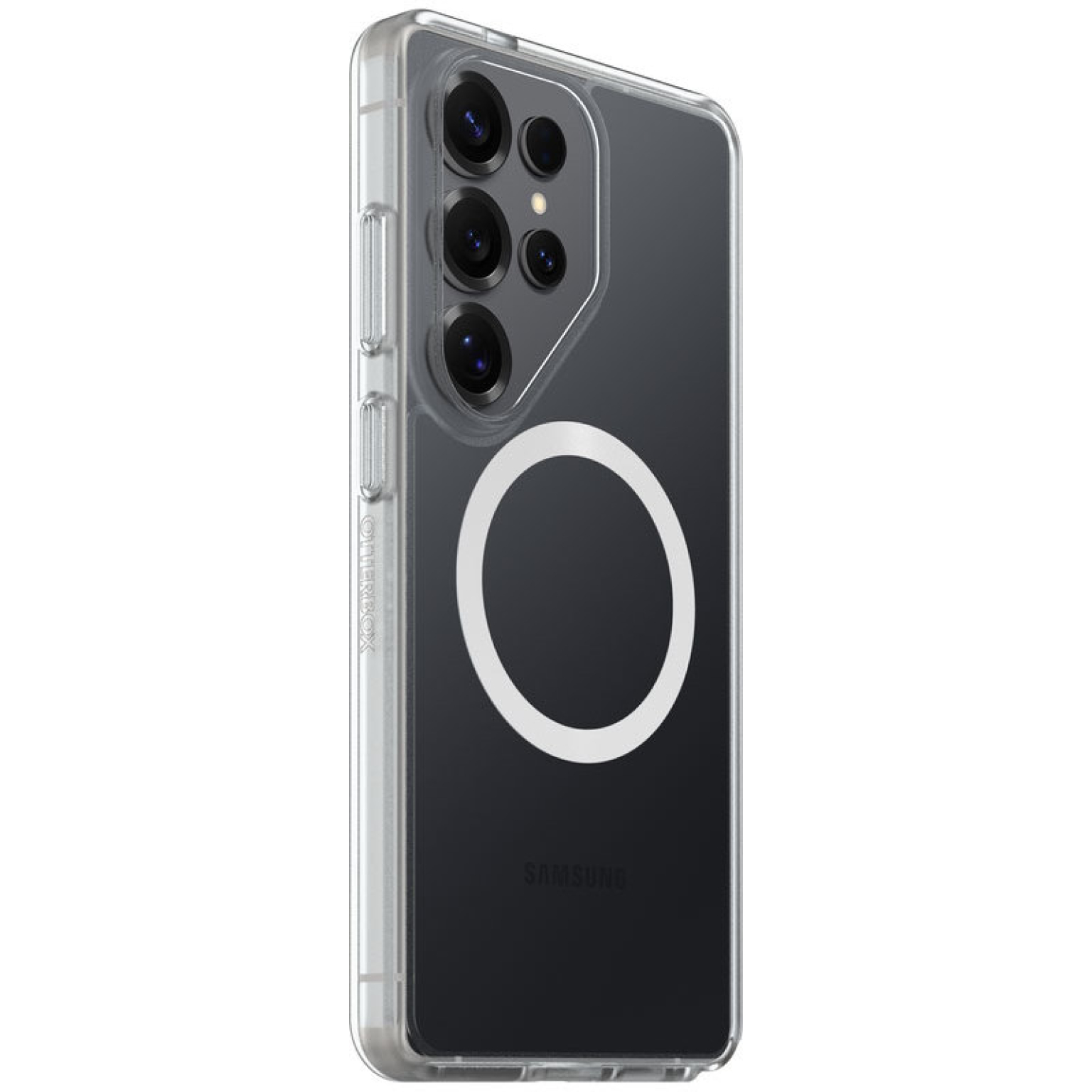 Achterkant van een doorzichtige telefoonhoes met vier camera's en een witte ring.