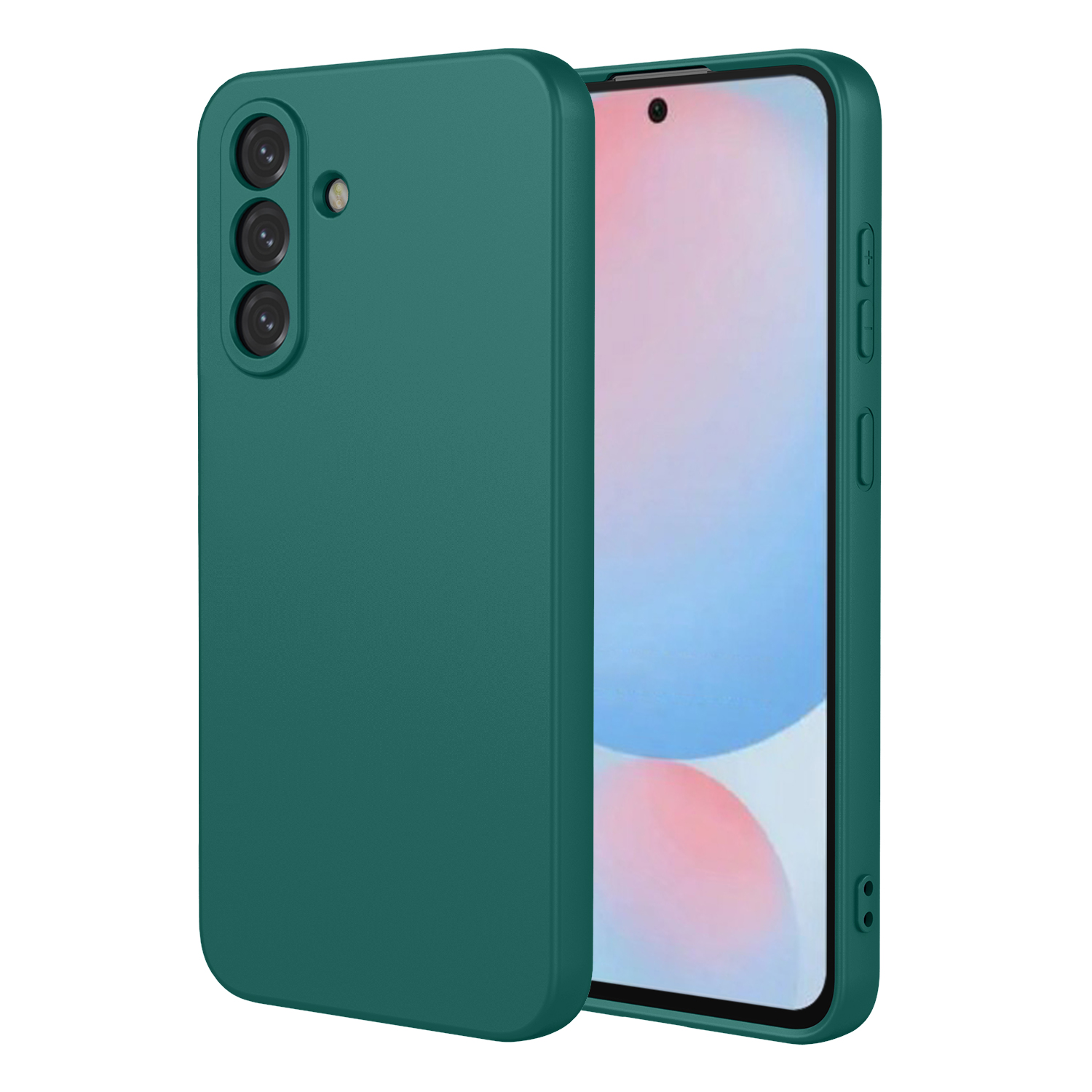 Un téléphone vert foncé avec trois caméras arrière et un écran.