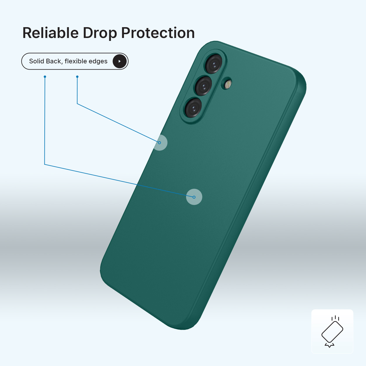 Une coque de téléphone verte avec trois caméras et bords flexibles.