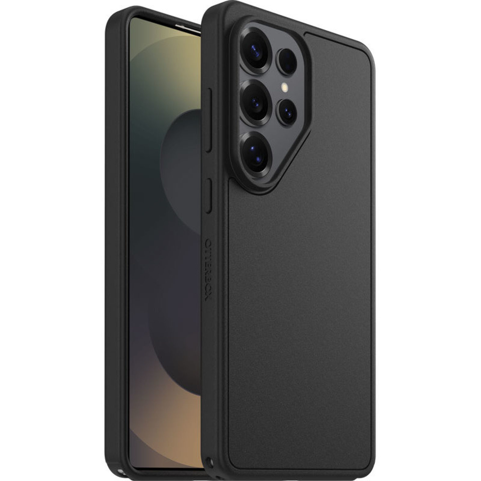 Zwarte smartphone in een zwart hoesje met cameralenssysteem.