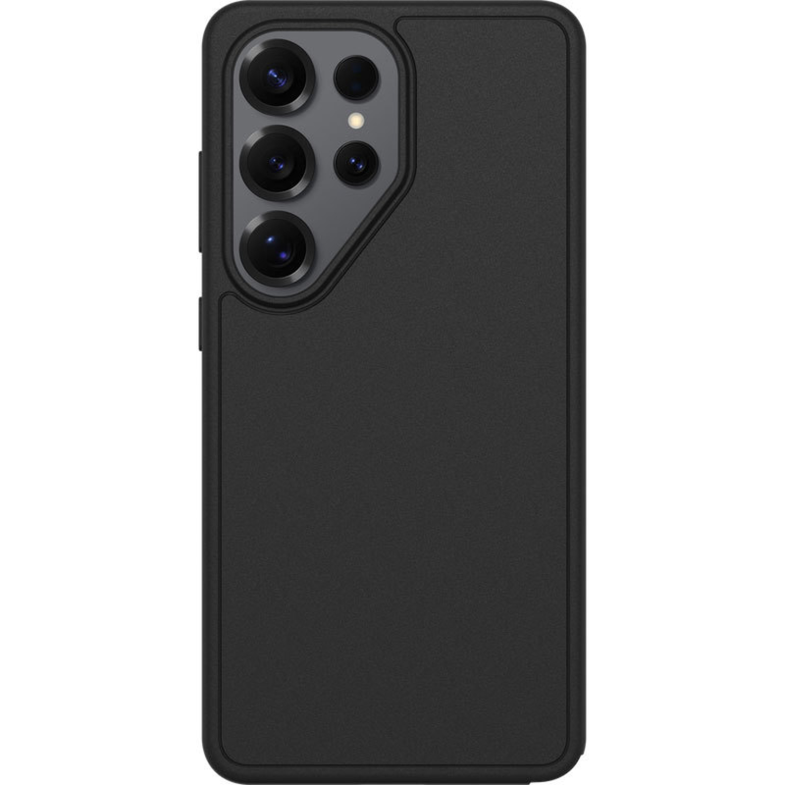 Zwarte telefoonhoes met vier cameralenzen op de achterkant.