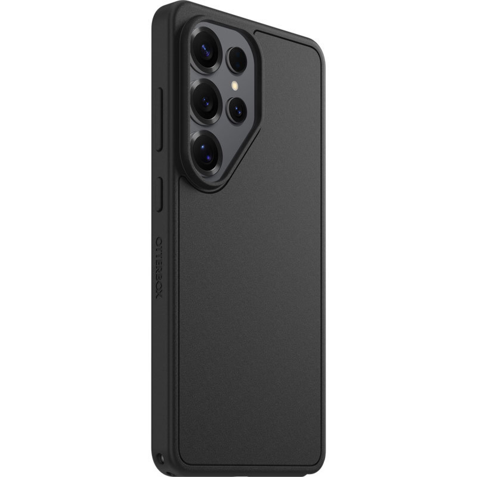 Zwarte smartphone in beschermhoes, met cameralenzen en zijknopjes.