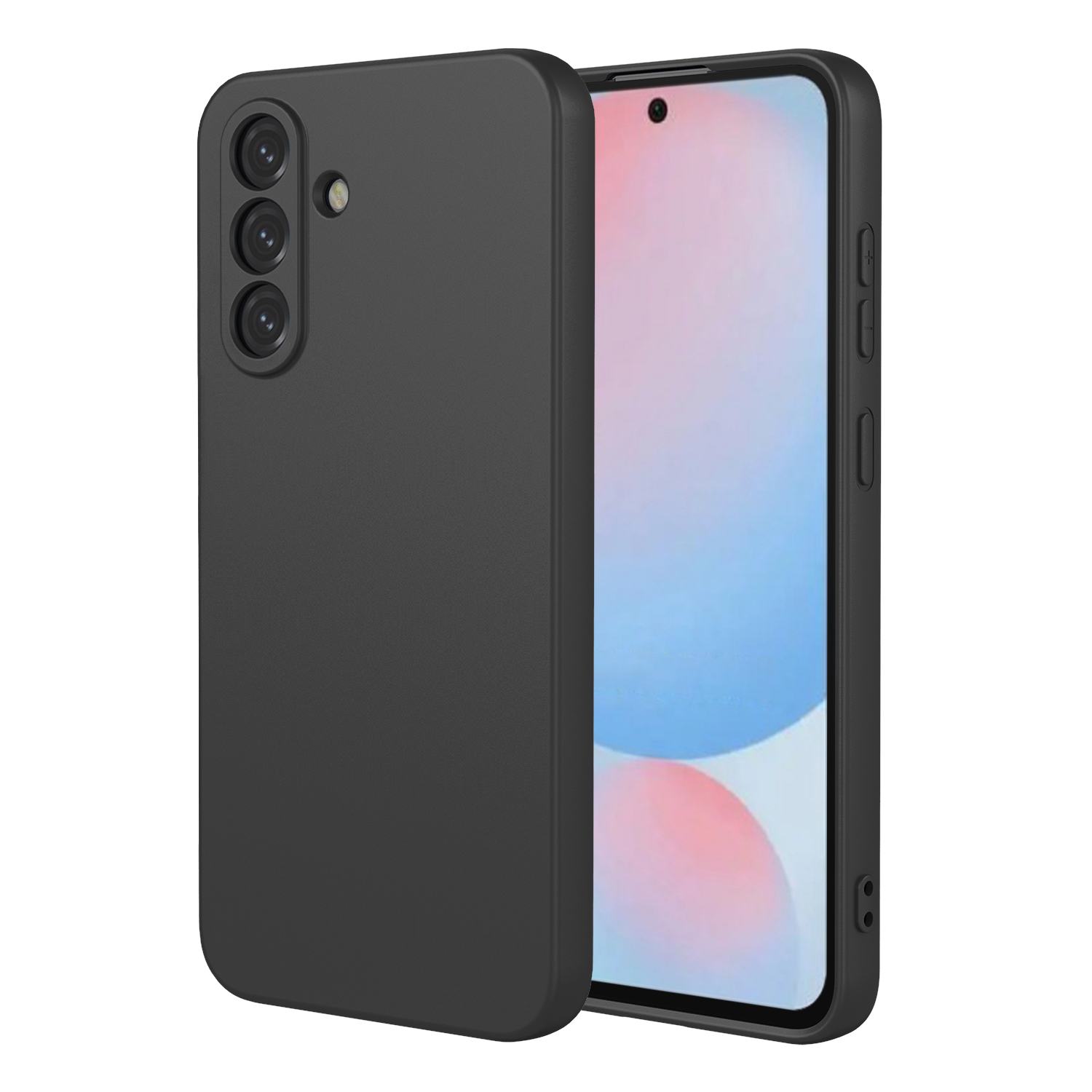 Zwarte telefoonhoes met drie cameralenzen en flitser, naast een smartphone.