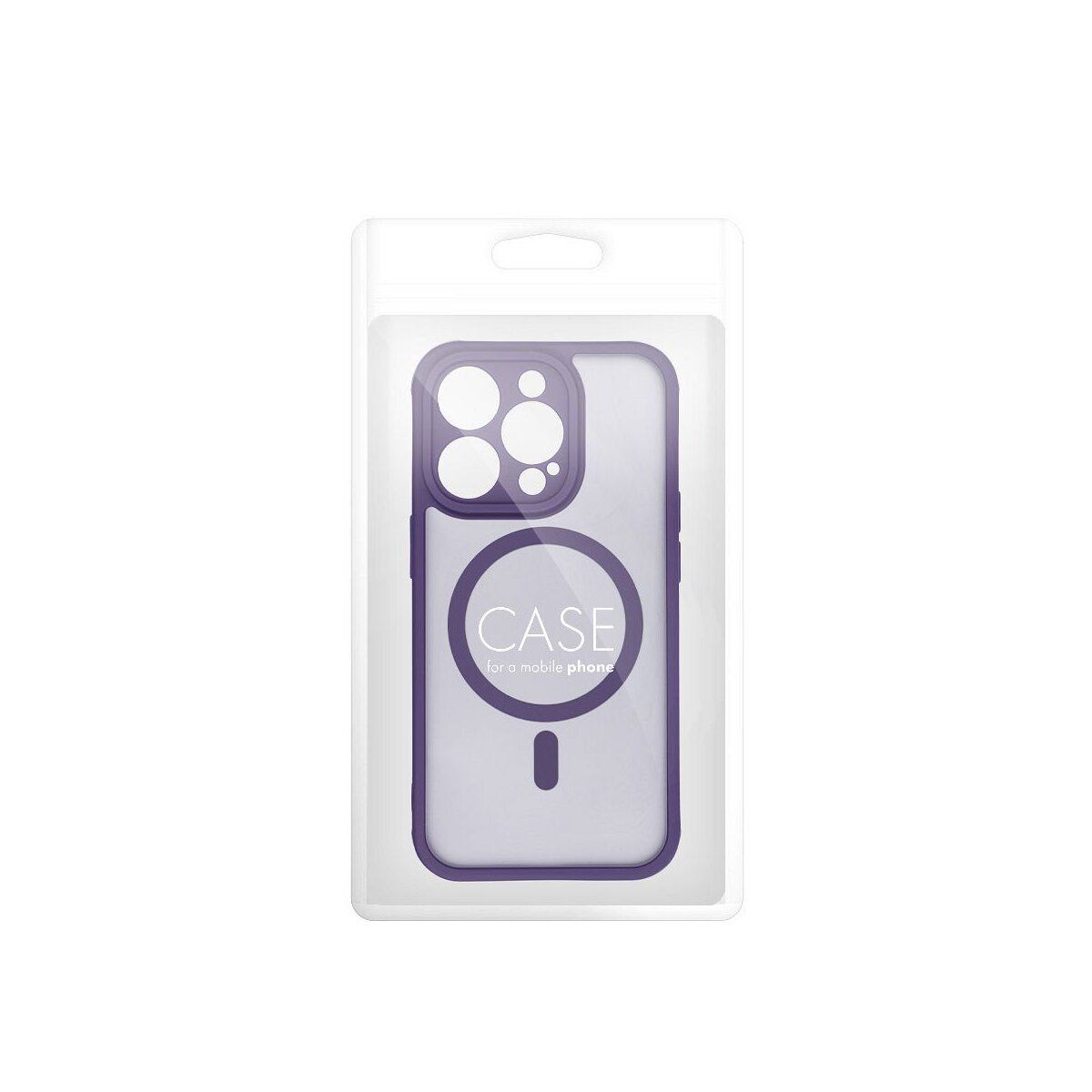 Lila Handyhülle für ein Mobiltelefon in transparenter Verpackung.
