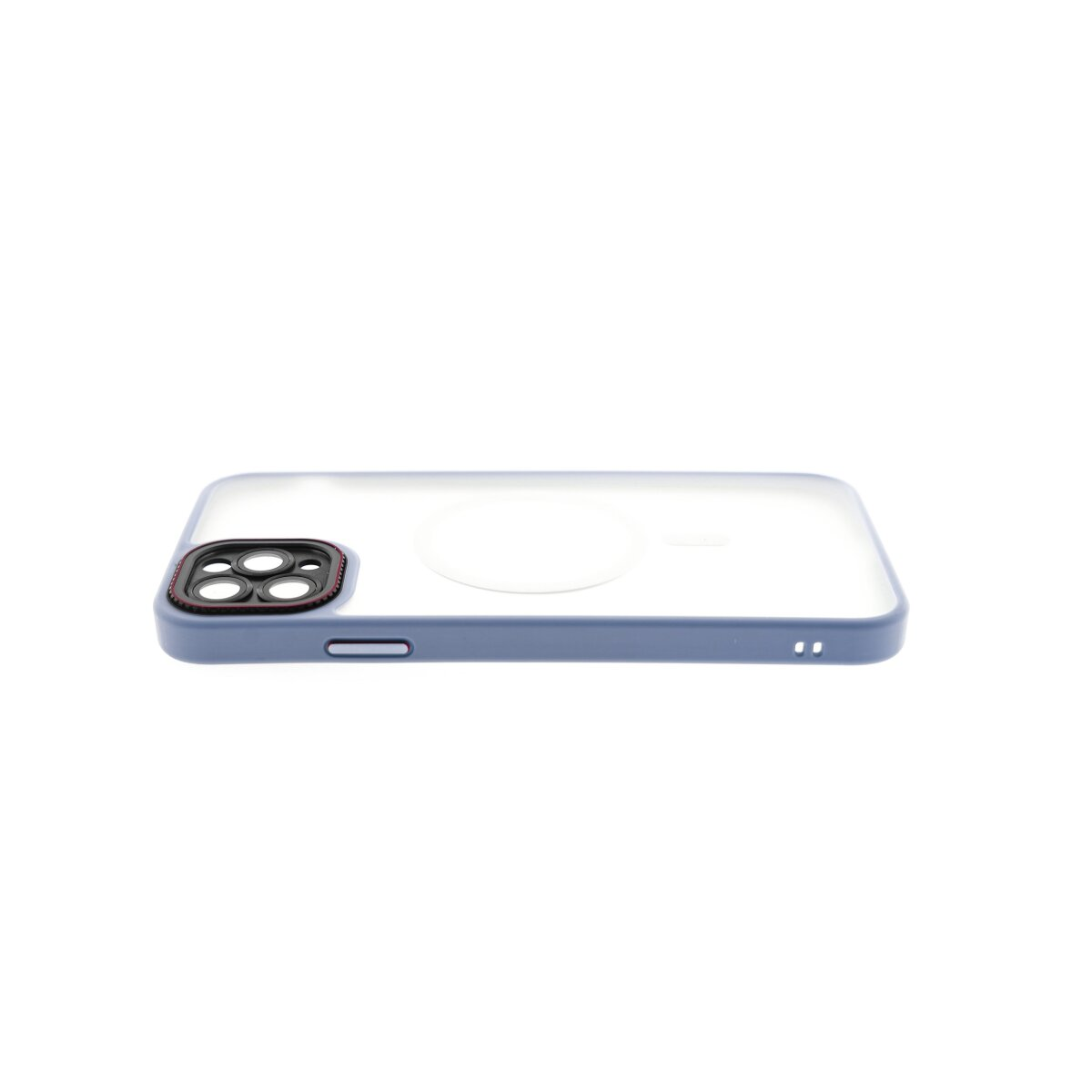 Custodia blu per telefono con ritaglio fotocamera e cerchio magnetico su sfondo bianco.