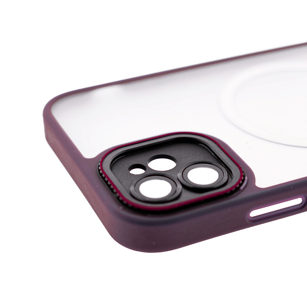 Custodia viola per telefono con retro trasparente e ritaglio fotocamera.