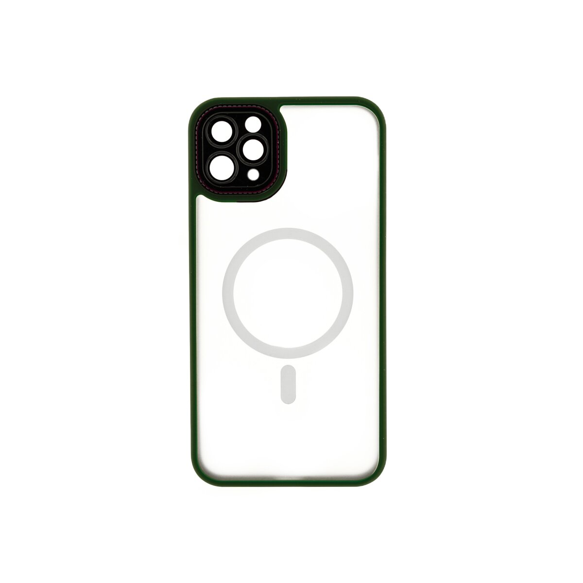 Custodia verde scuro per iPhone con retro trasparente e alloggiamento fotocamera.