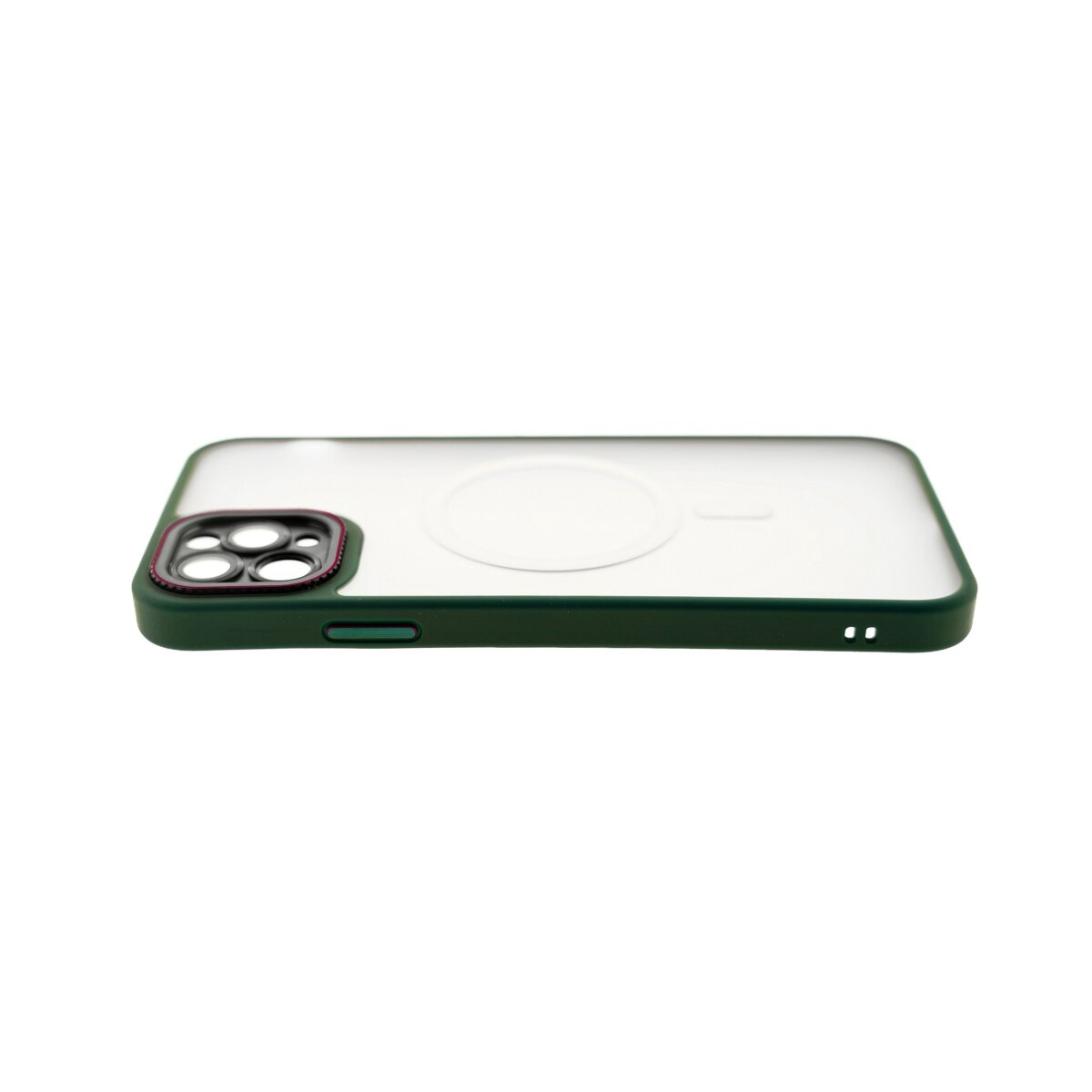Custodia per telefono verde scuro con retro trasparente, ritaglio fotocamera e pulsanti.