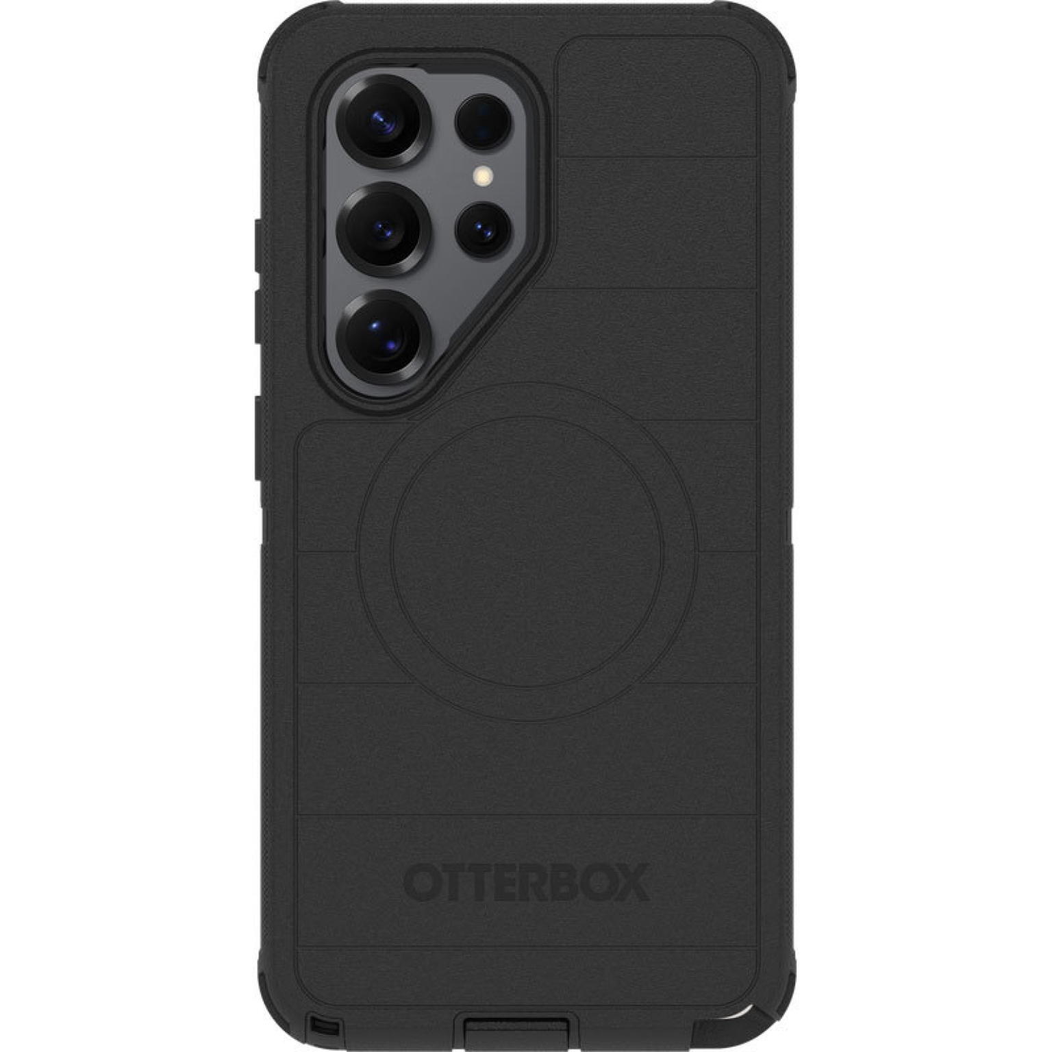 Black Otterbox phone case with camera array and circular texture.