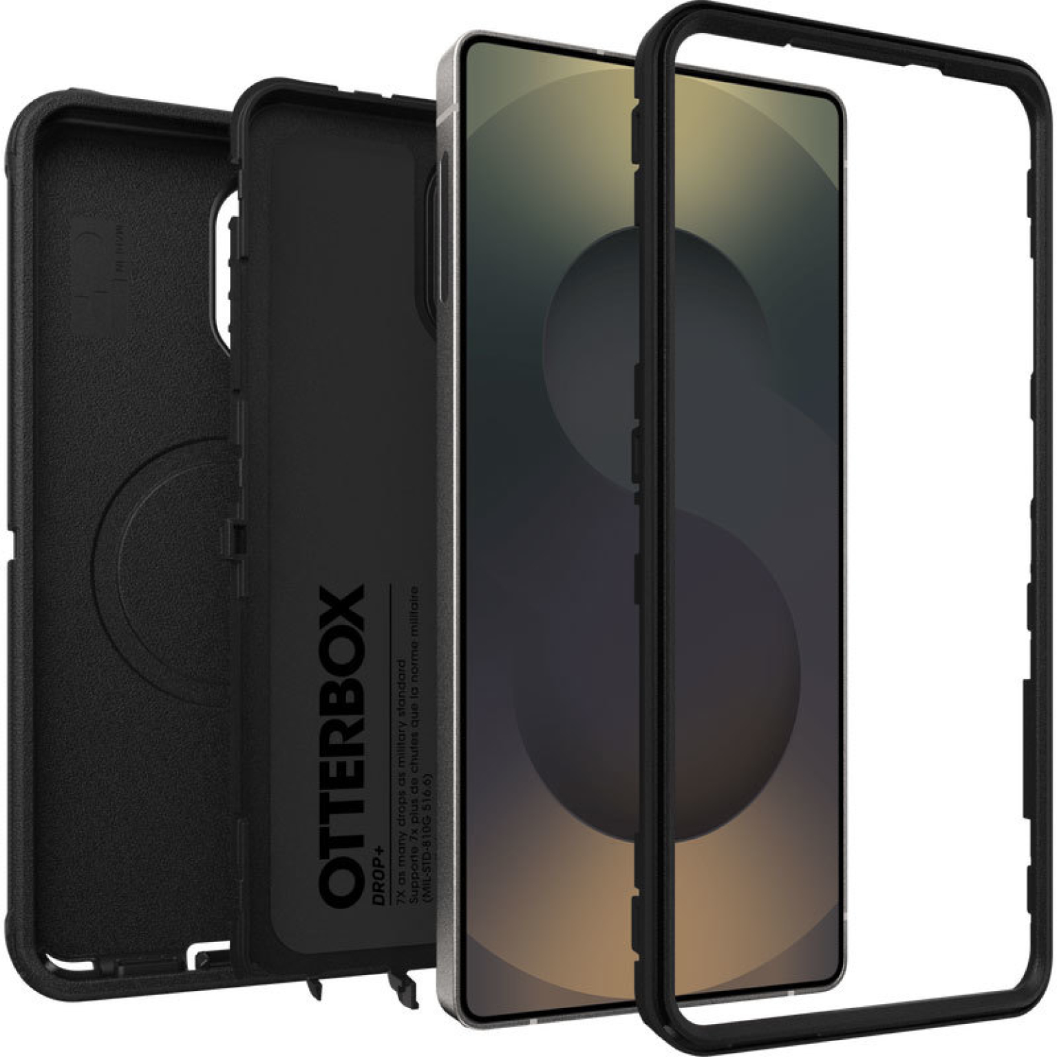 Black Otterbox phone case set with smartphone screen, disassembled.