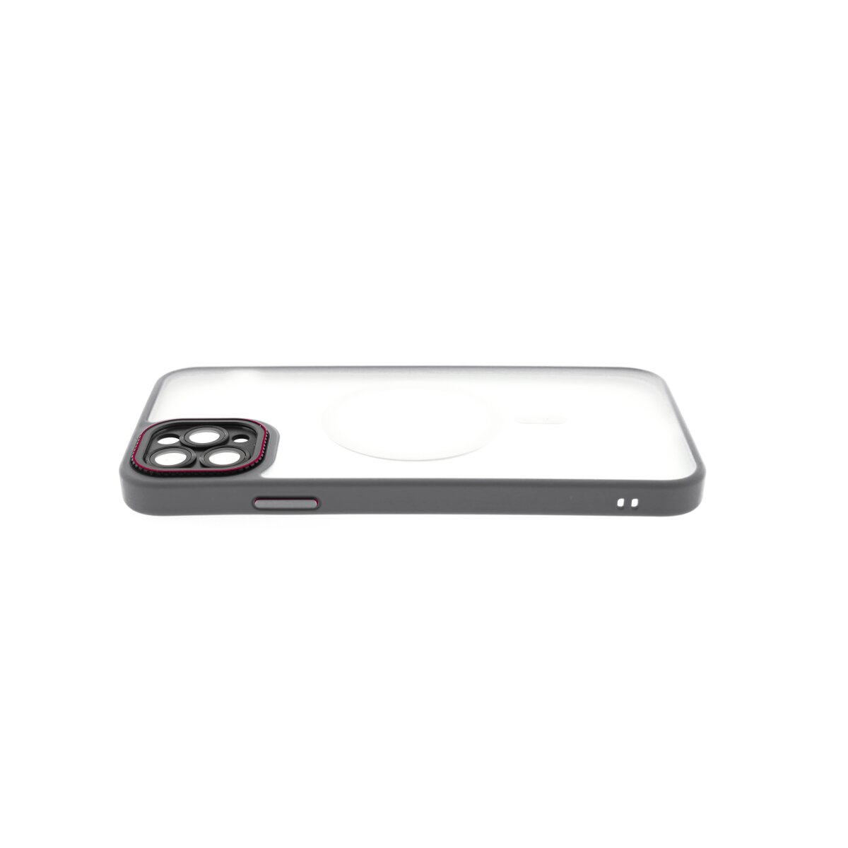 Graue Hülle für iPhone mit Kameraausschnitt und weißem Kreis.