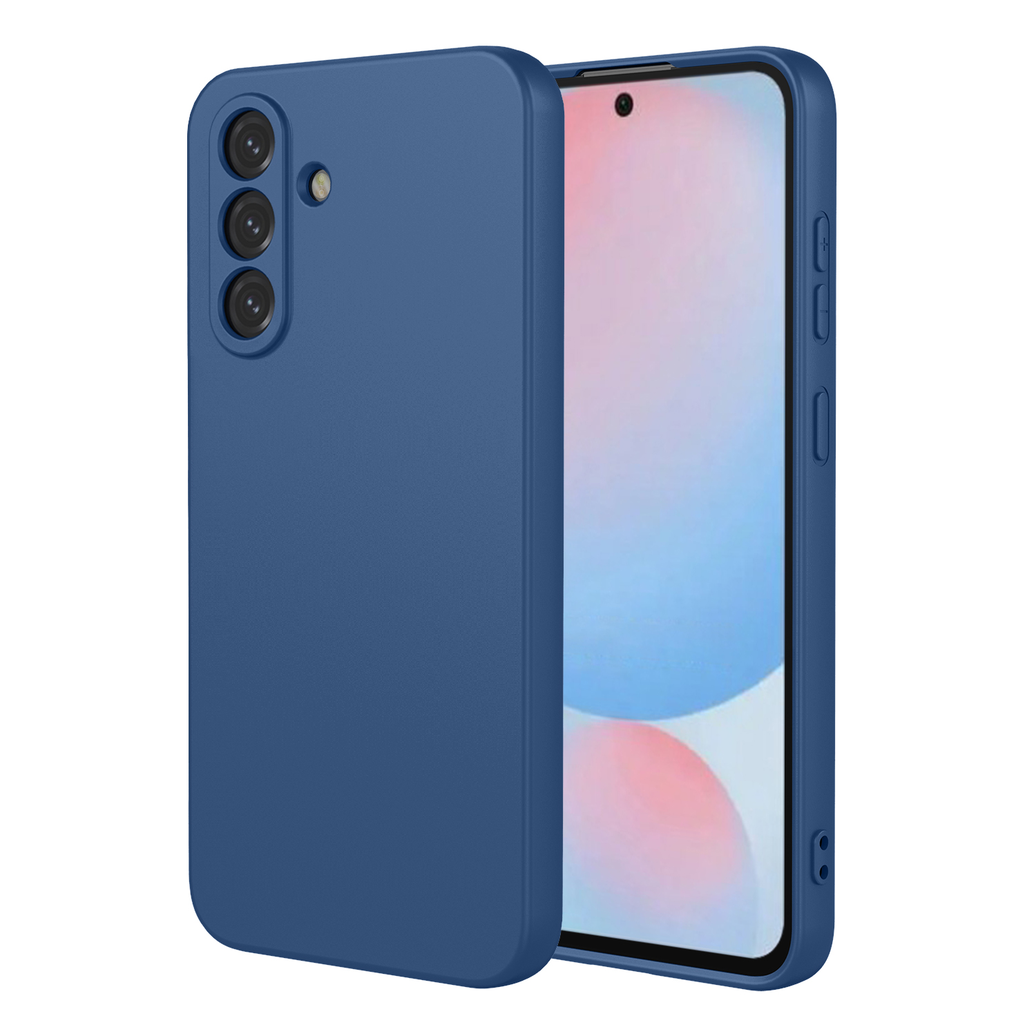 Een blauwe telefoonhoes met drie camera's en een flitser.