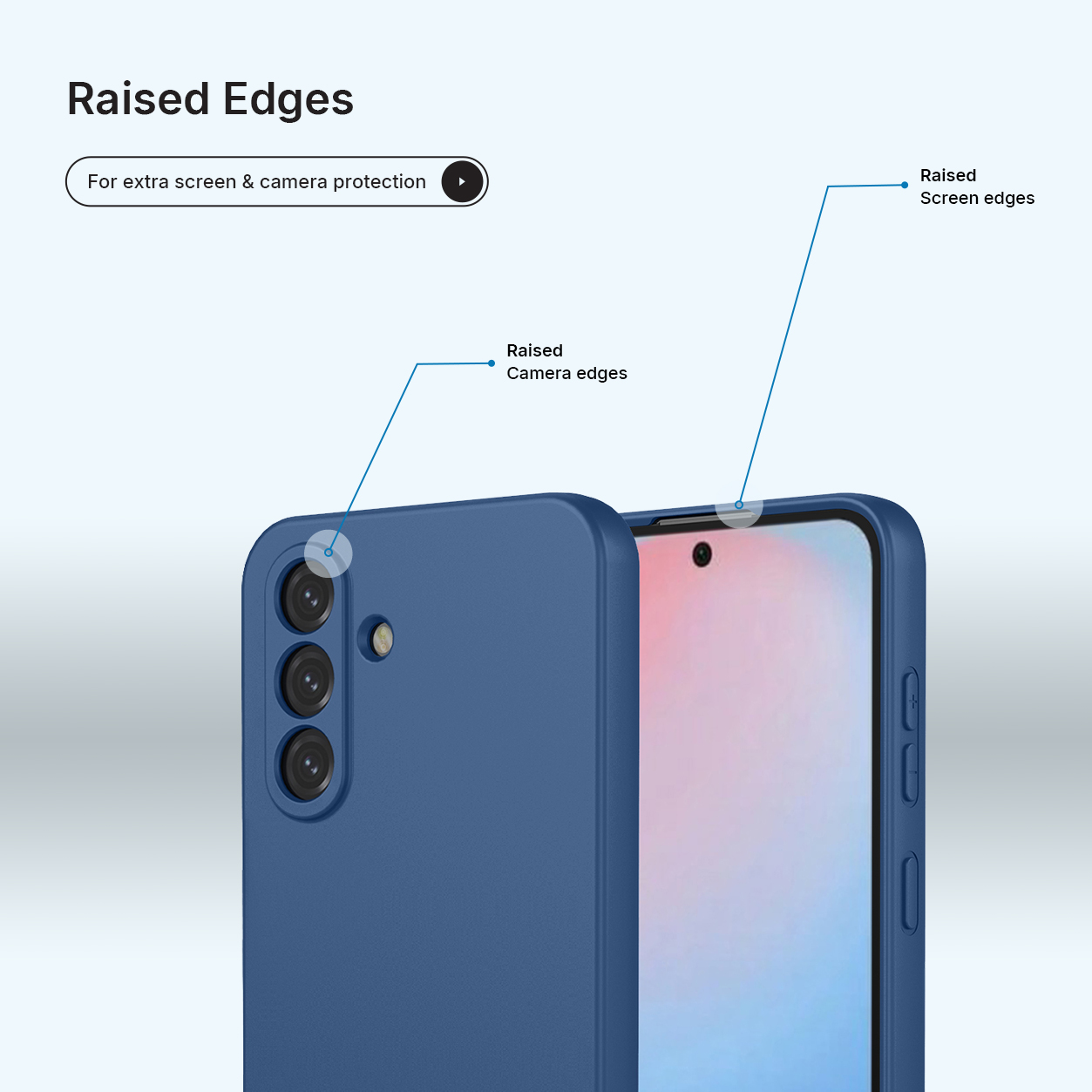 Donkerblauw telefoonhoesje met verhoogde randen voor camera en scherm.