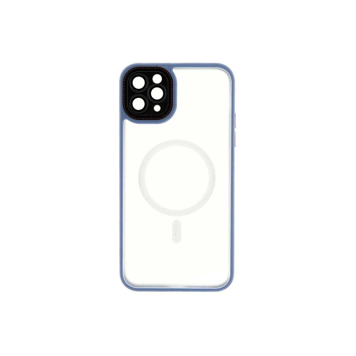 Una custodia trasparente per telefono con bordo blu e ritaglio fotocamera.