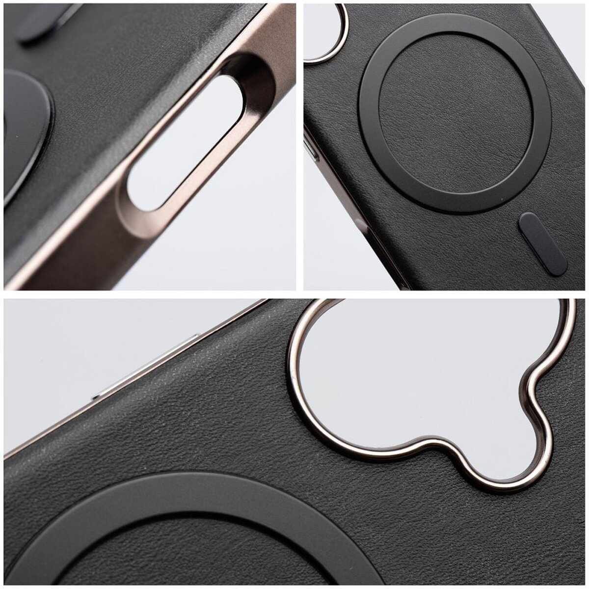 Nahaufnahme einer schwarzen Handyhülle mit Metallrand und Magnetring.