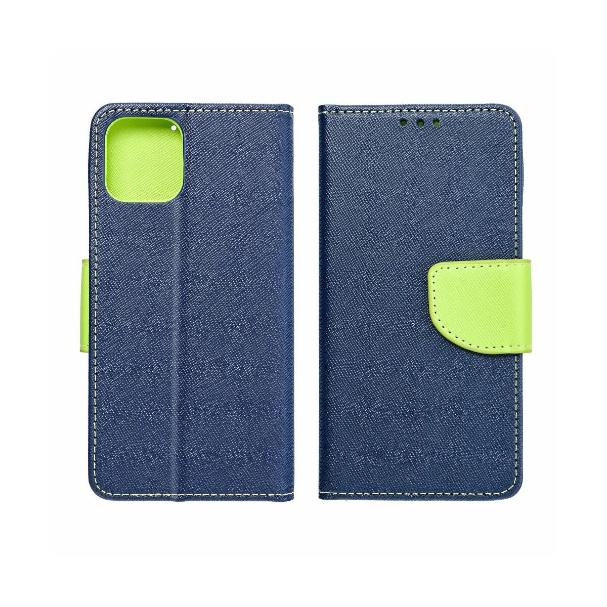 Dunkelblaues Handycover mit hellgrünen Akzenten, offen auf weißem Grund.