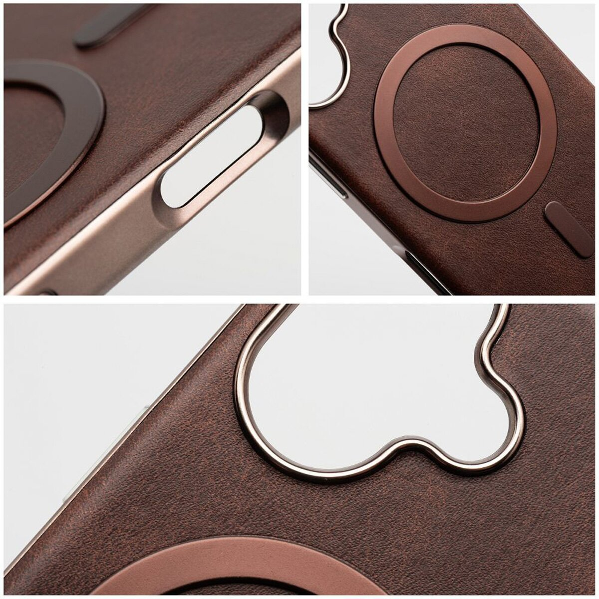 Braune Handyhülle mit Kreis- und Langlochdetails aus Metall.