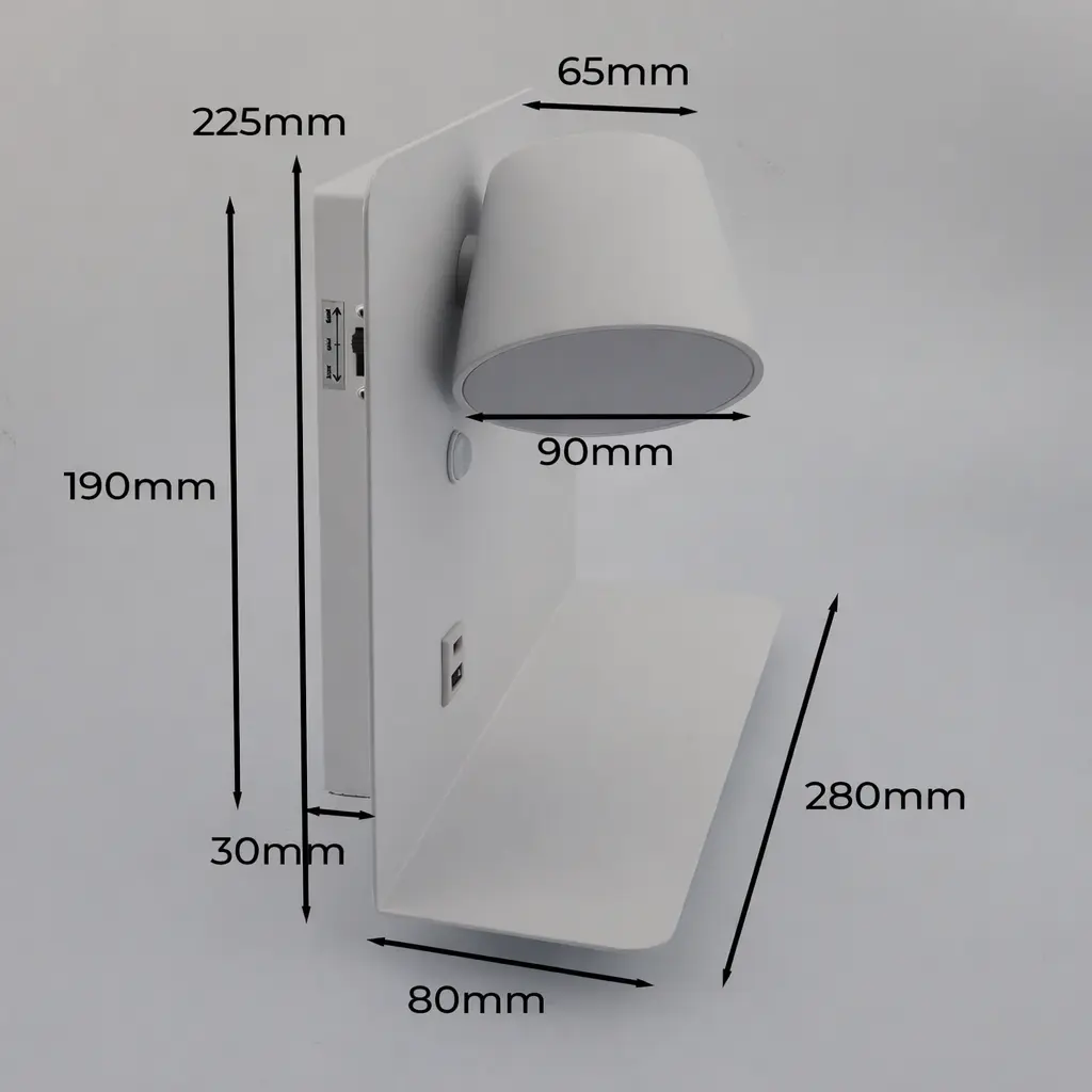 Lámpara de pared blanca con estante y medidas.