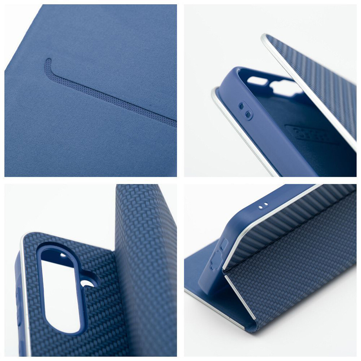Blaue Handyhülle mit Carbon-Muster, Nahaufnahmen zeigen Details.